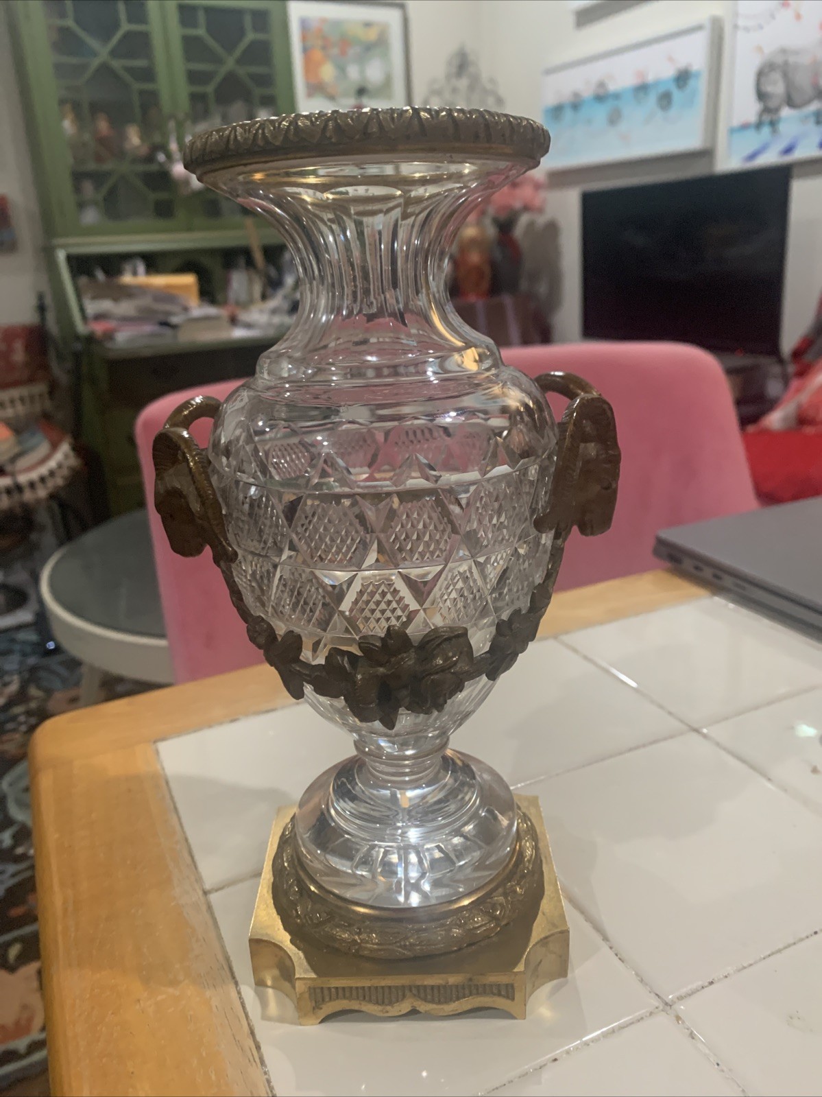 Crystal Vase With Brass Ram (from Europe)