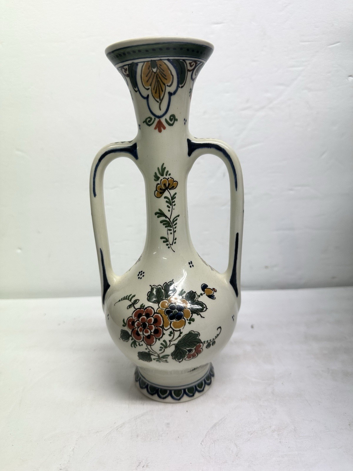 Vintage Delft Holland Hand-Painted Polychrome Vase 1982 Mint Condition
