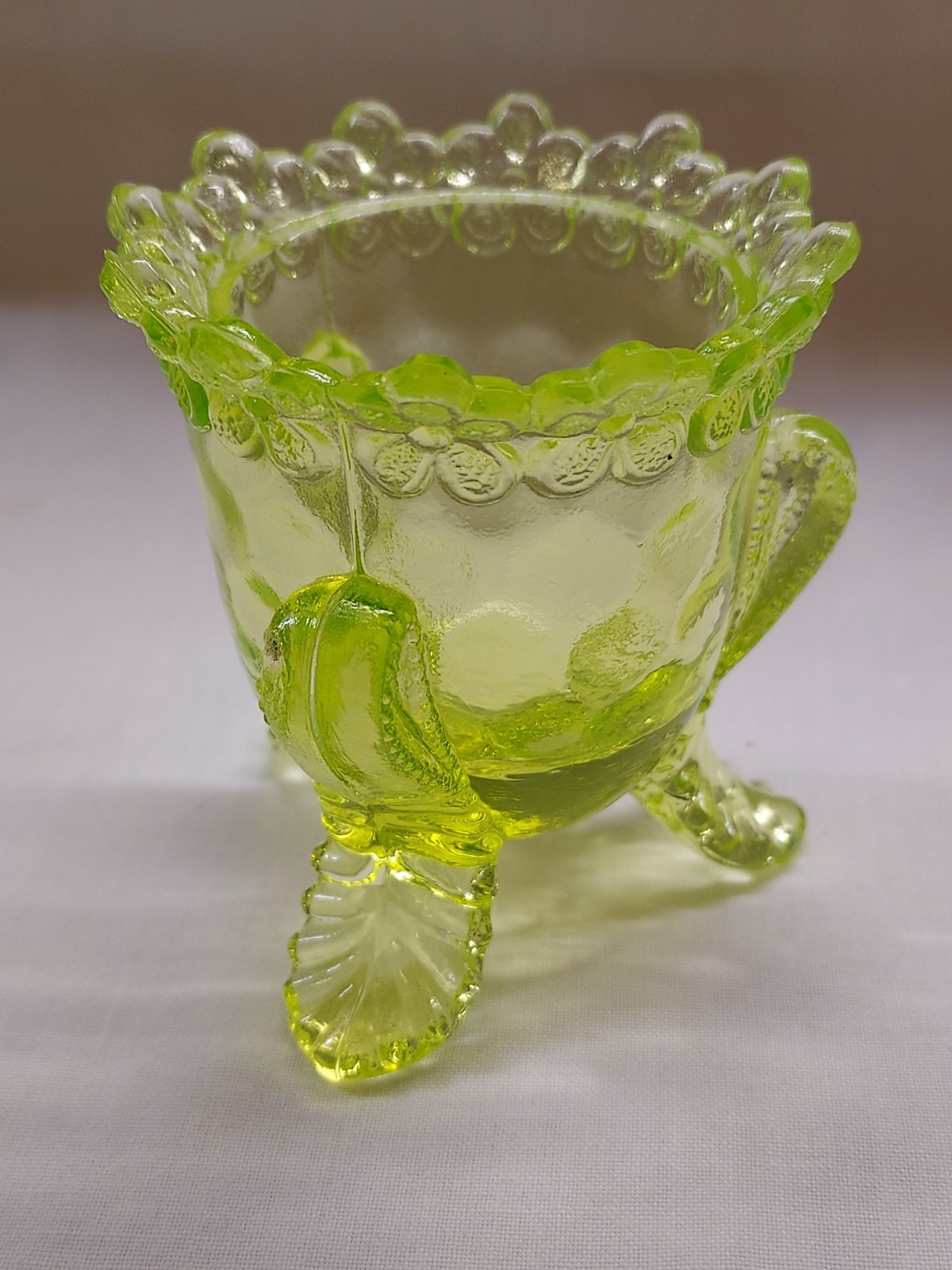 Boyd’s Uranium Vaseline Glass Forget Me Not Footed Toothpick Holder~Marked