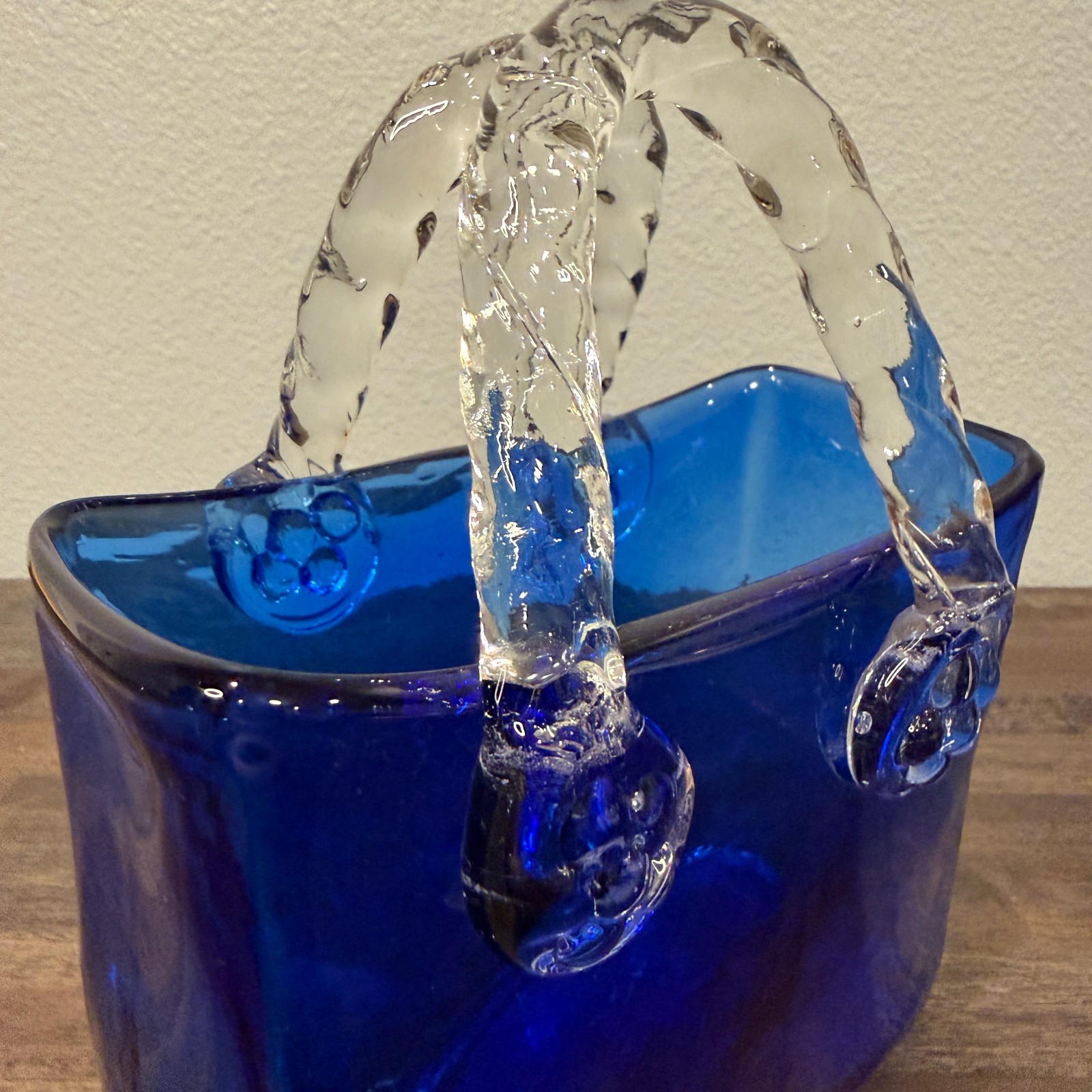 Vintage Cobalt Blue Blown Glass Purse Handbag Bag Vase, Clear Swirl Handles
