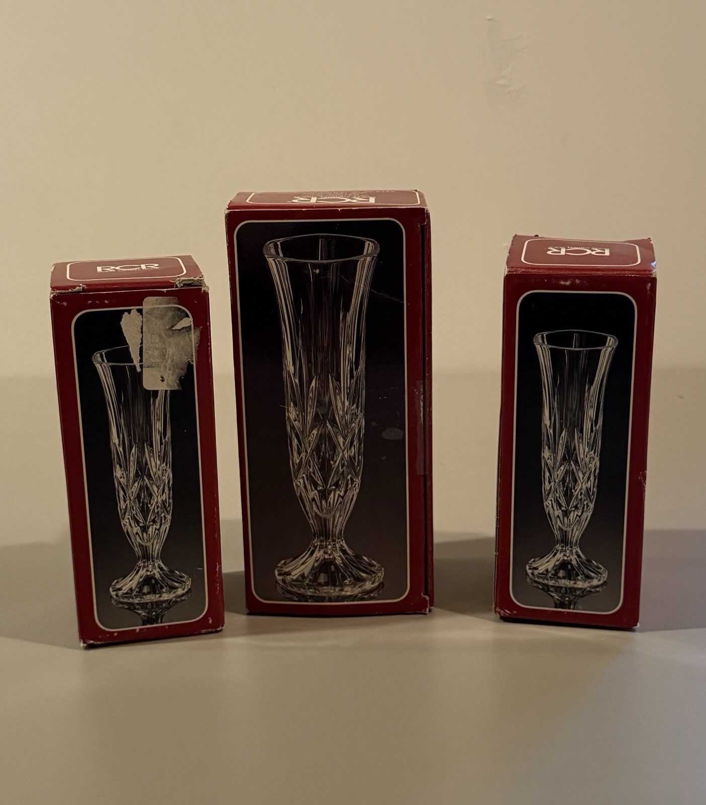Lot of 3 RCR ROYAL CRYSTAL ROCK Lead CYRSTAL VASE Clear Cut Glass Linea G BOXED