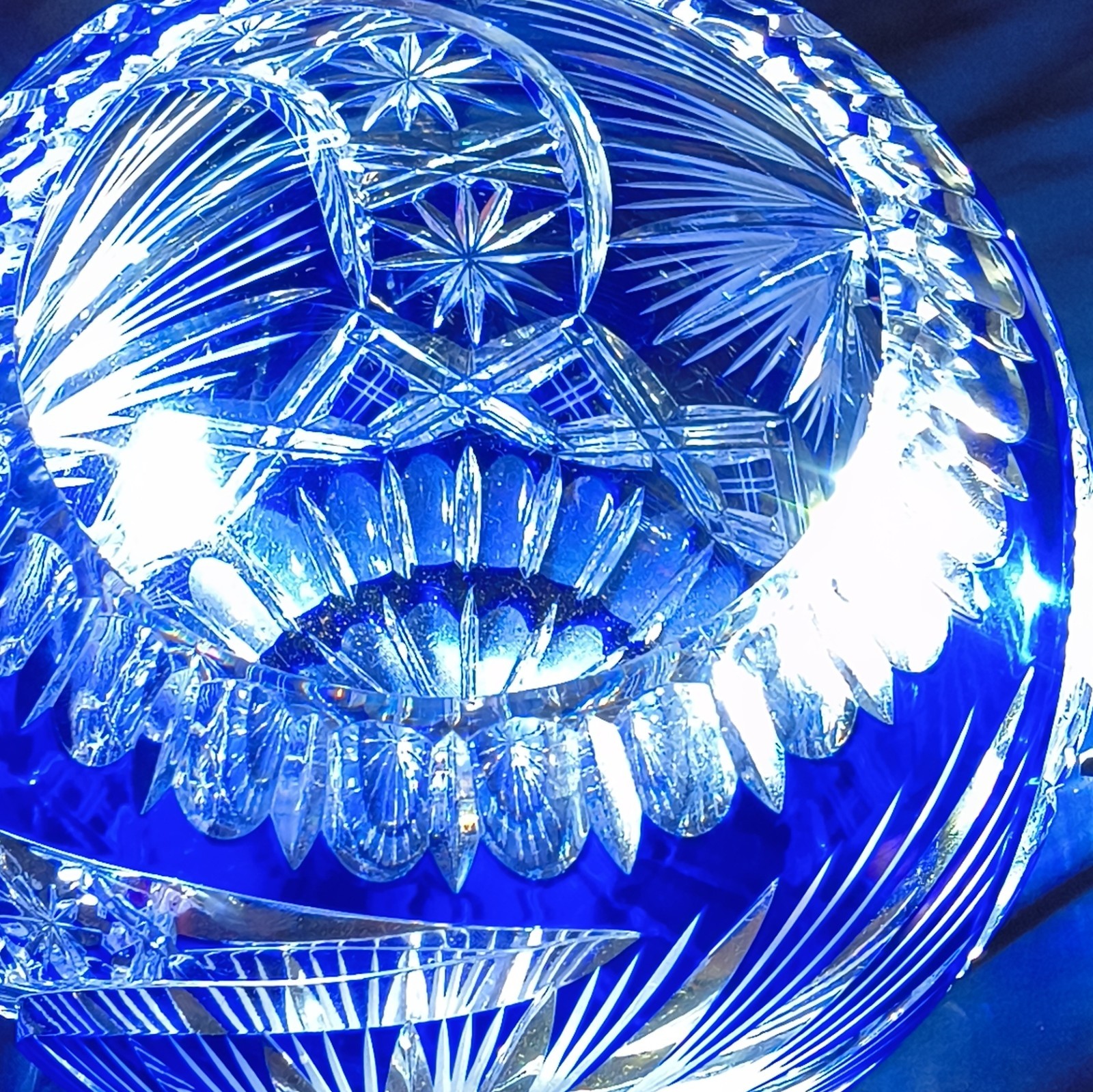 Vintage Bohemian Cobalt Blue Cut to Clear Crystal Bowl Spherical Rose Bowl Vase