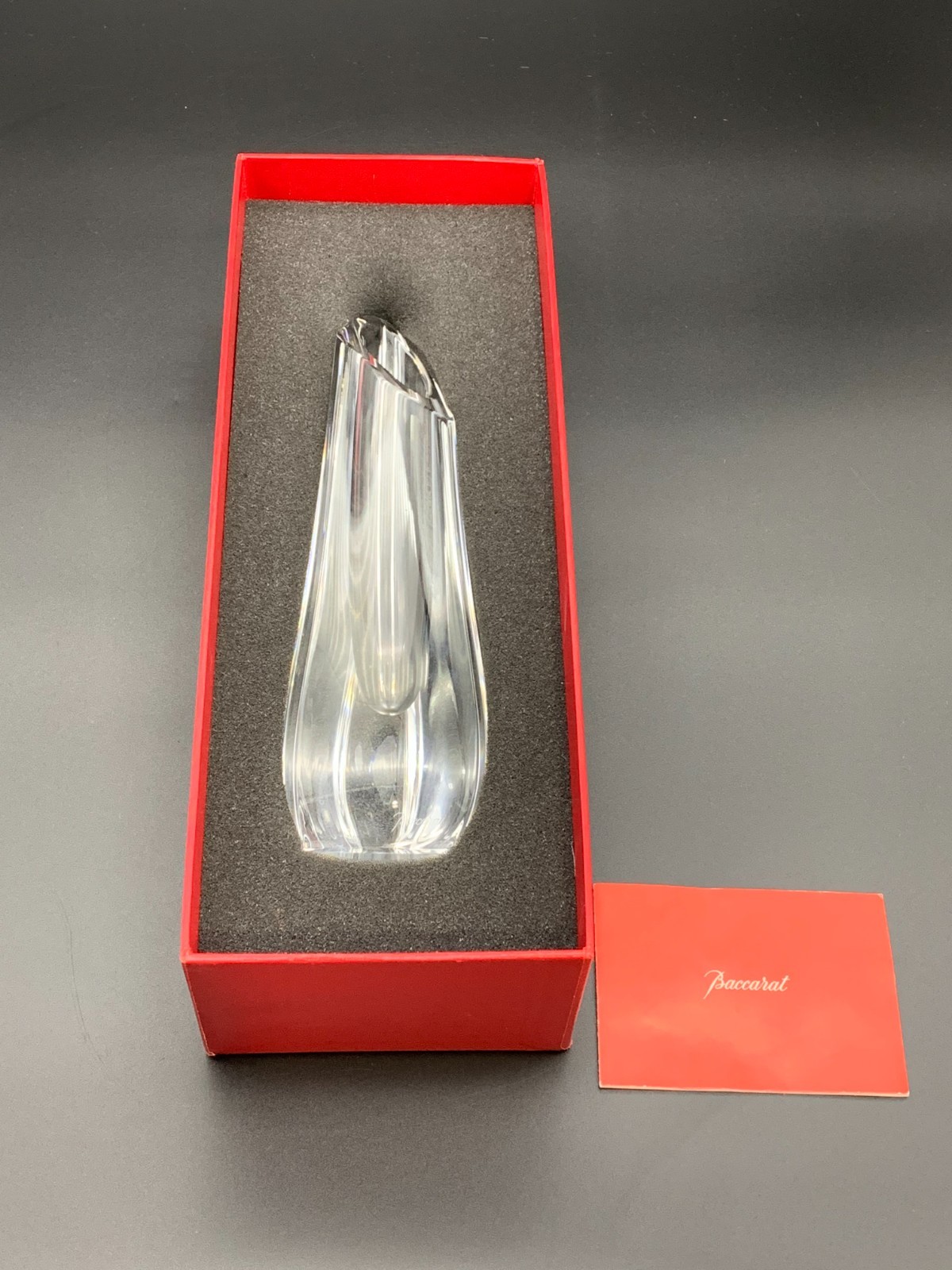 Signed Baccarat Clear Crystal Rose Triangular Bud Vase app. 8.5” w/ Box