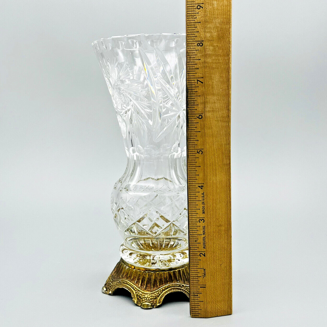 VTG Cut Crystal Trumpet Vase Pinwheel Starburst Formal Ornate Metal Footed Base