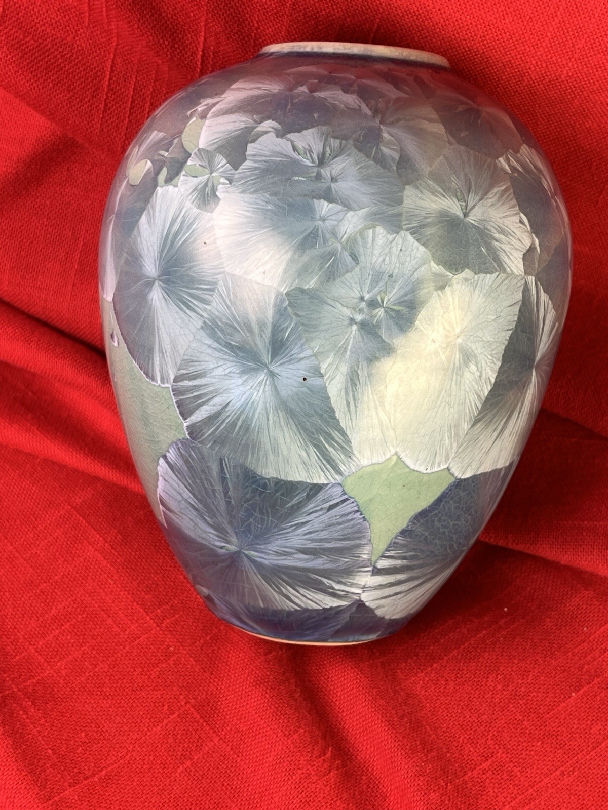 Crystalline Glaze Ceramic Art Pottery Vase Round Signed Blue Green Celadon Art