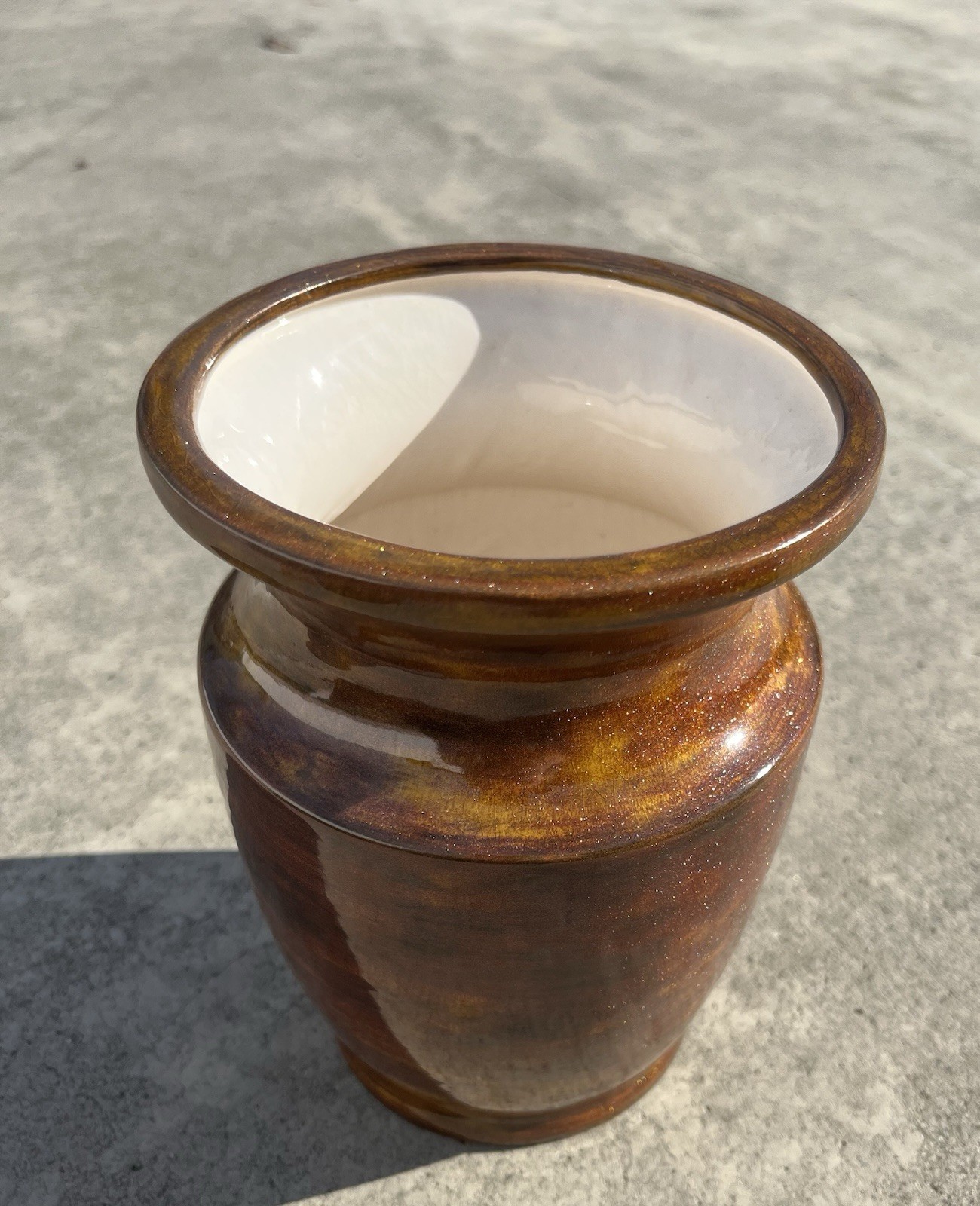 VTG 73’ Ceramic Art Glass Vase Handmade Glittery Warm Autumnal Tones 7.5”