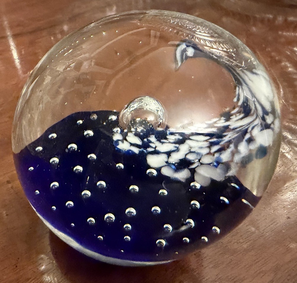 Vtg Hand Blown Art Glass Paperweight Cobalt Blue White Controlled Bubbles Orb