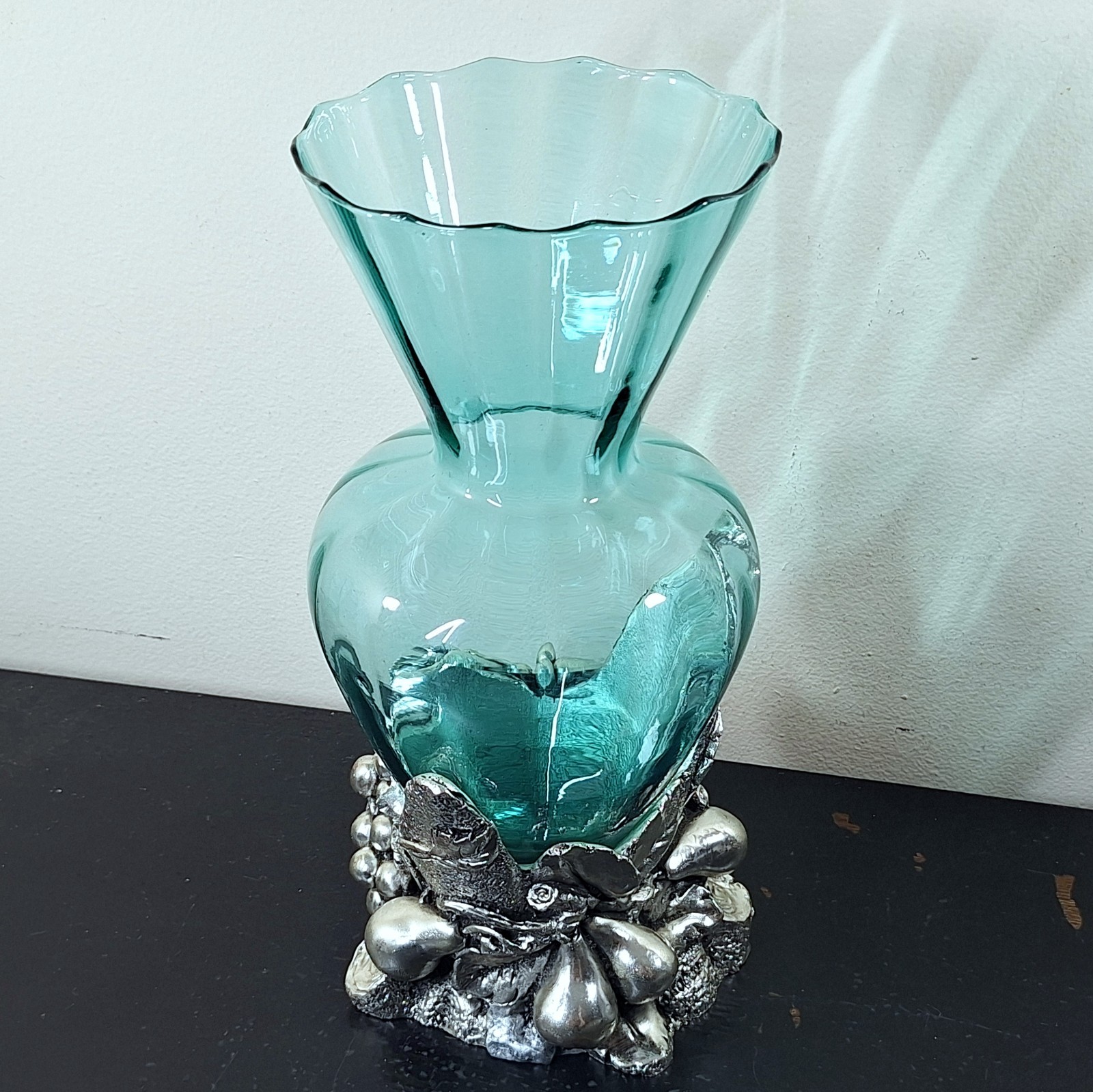 Large Signed MURANO Vase Teal Blown Glass w Sterling Silver Finished Base- Italy