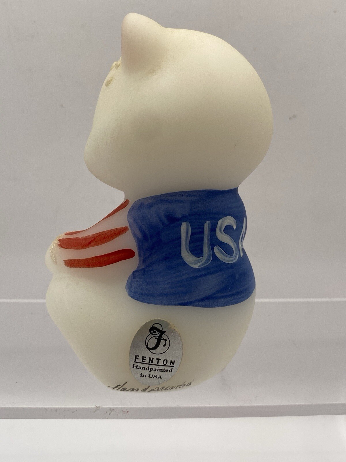 Fenton Patriotic Stars & Stripes White Satin Glass Bear Signed Hand-painted 2001