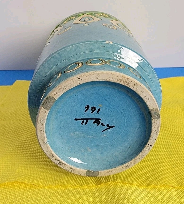 Vintage Aldo Londi For Bitossi 8″ Green Blue & Gold Vase – Made In Italy.