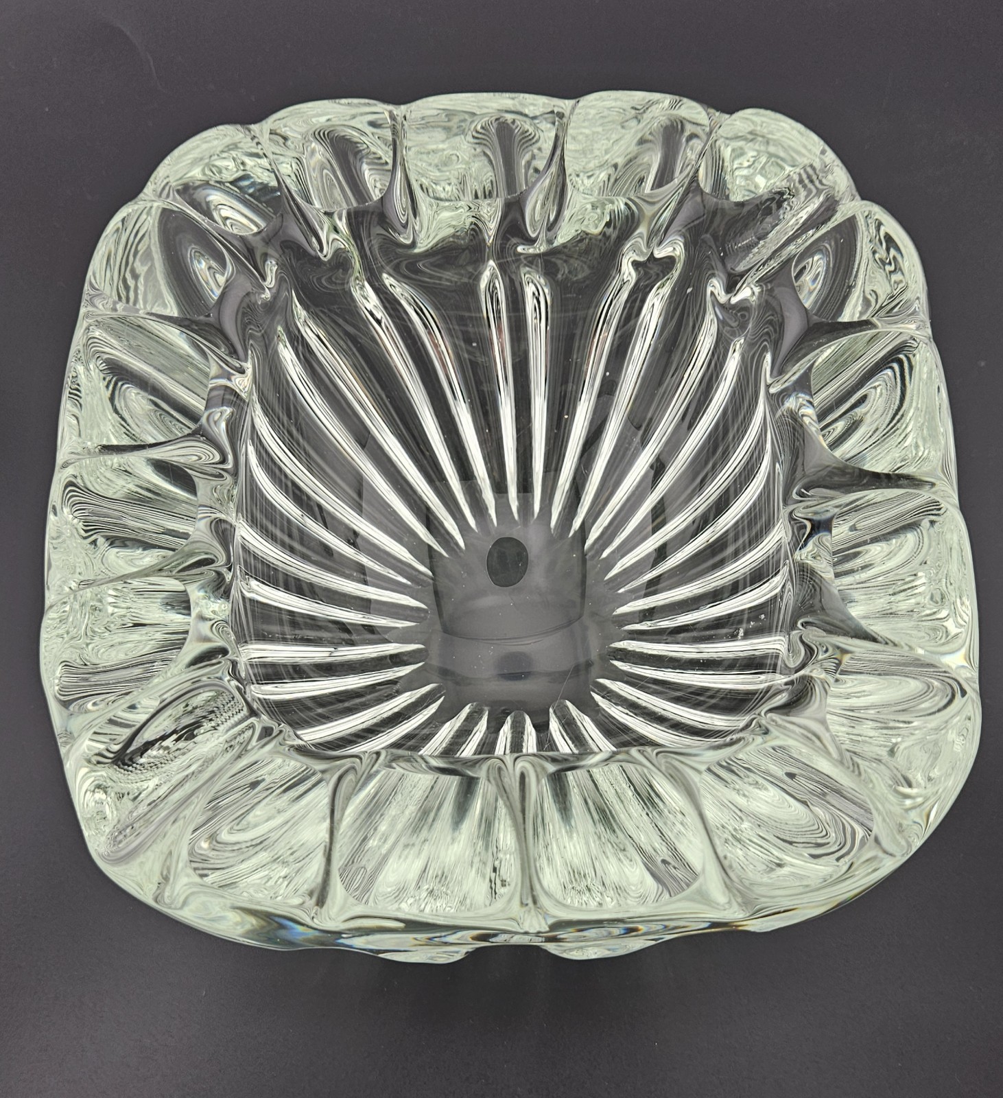 Massive 5.5lb Murano Crystal Ribbed Sides Blown Art Glass Clear 7″