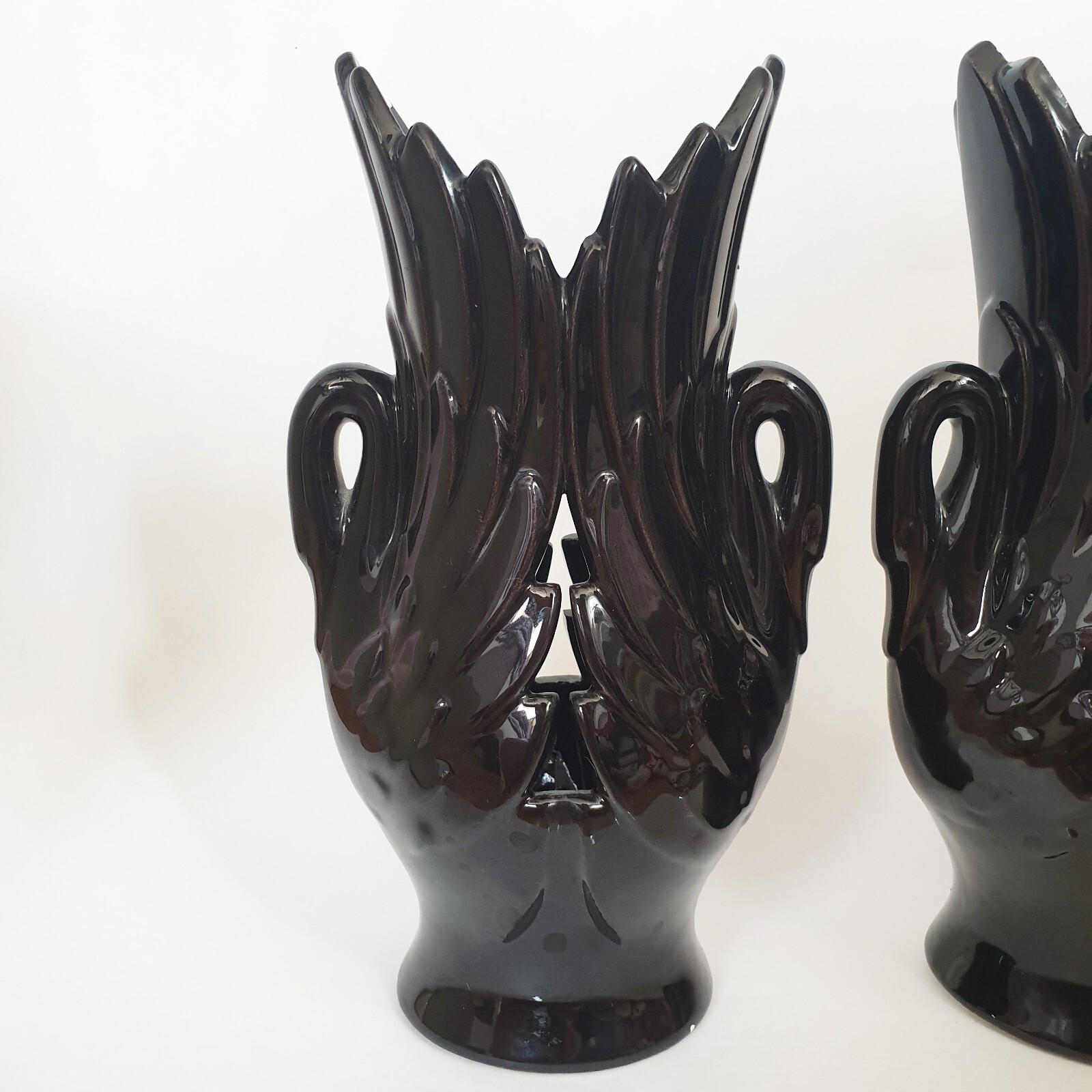 Vintage Haeger Double Swan Vase Set Dark Brown Black Swans 1978 Handle Planter