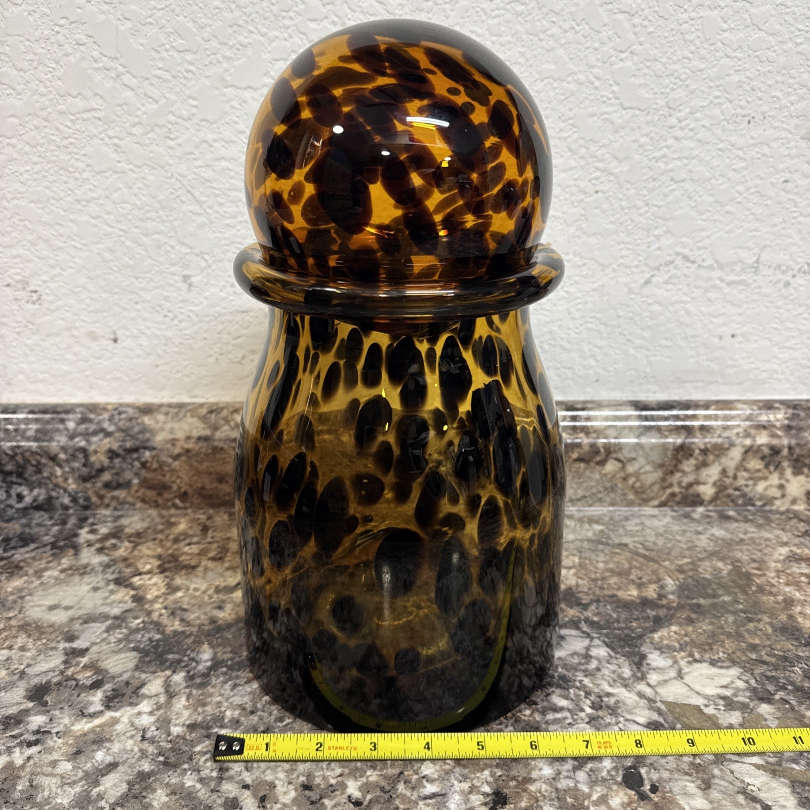 Vintage Amber Tortoise Spotted Art Glass Vase – Hand-Blown MCM Round Topper 12.5