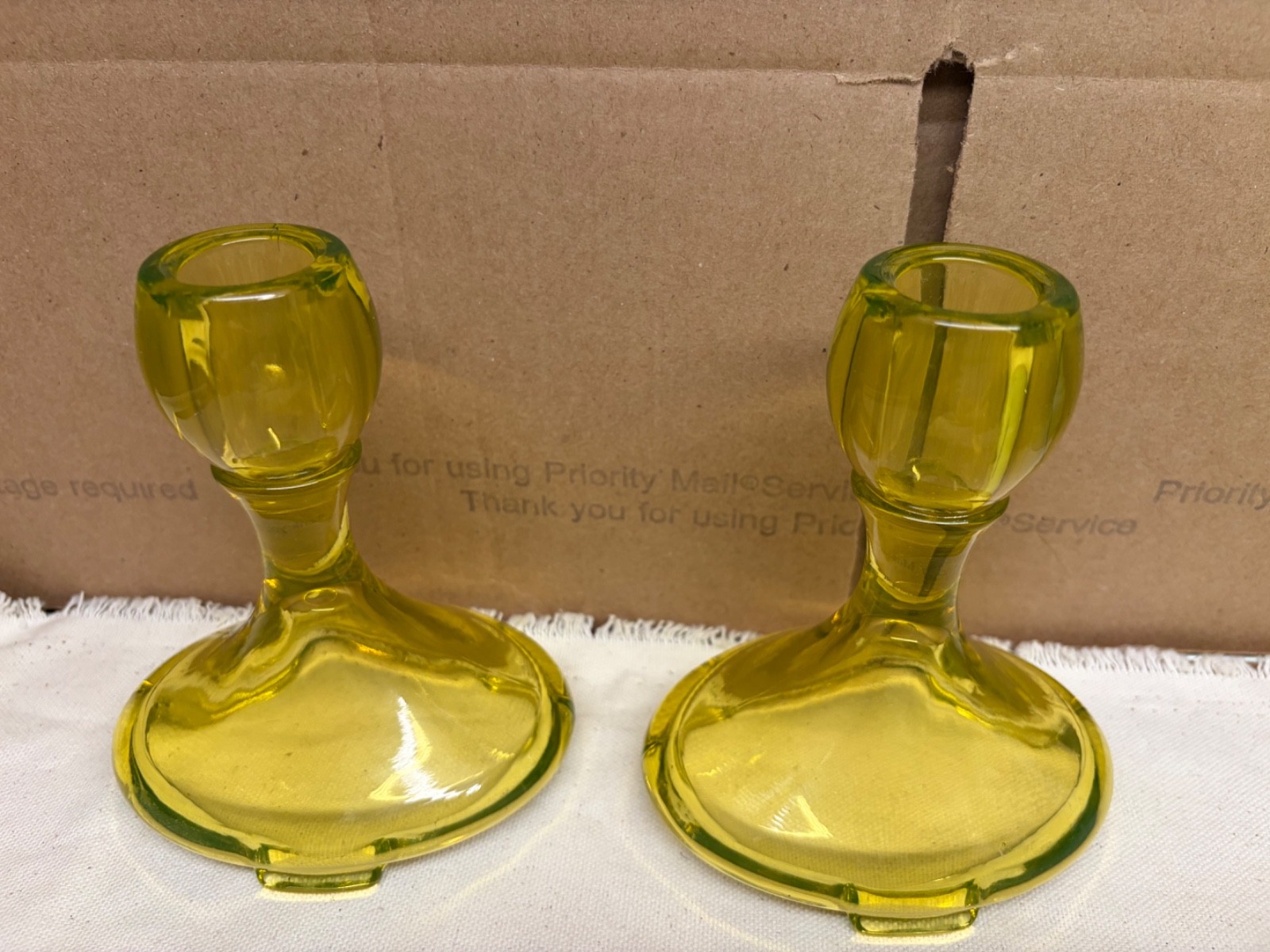 Vintage Fostoria candlestick pair URANIUM GLASS canary yellow vaseline
