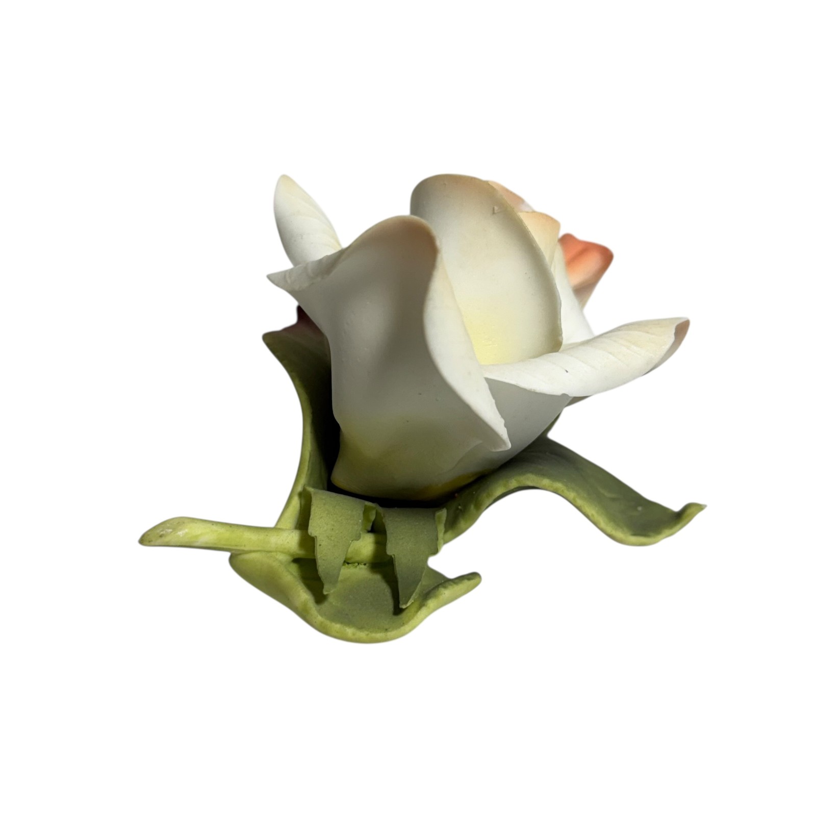 Porcelain Rose Figurine Capodimonte Style White Peach Green Botanical Flower