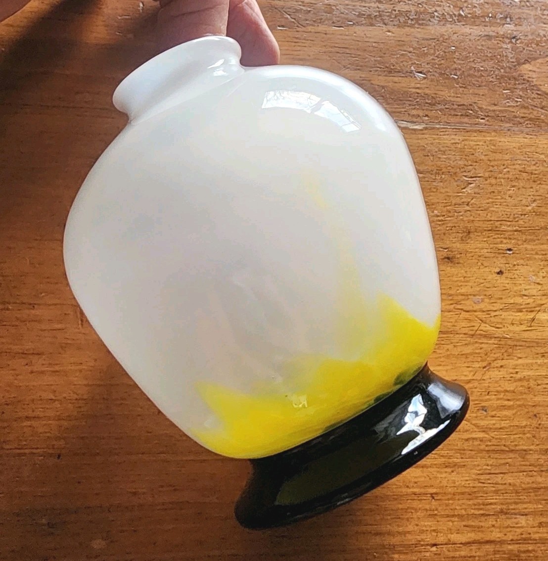 Hand Blown Glass Bud Vase Japan White Yellow Green Black Base High Gloss