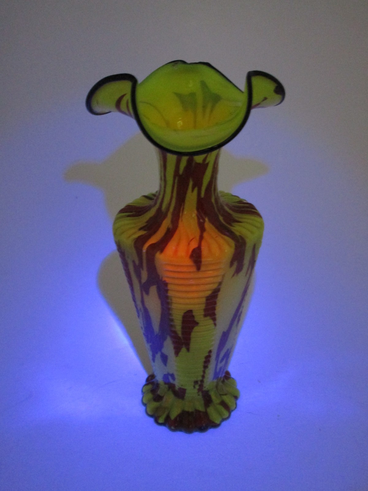 Antique Franz Welz Bohemian Czech Art Glass Ruffle Splatter Vase Cadmium UV Glow