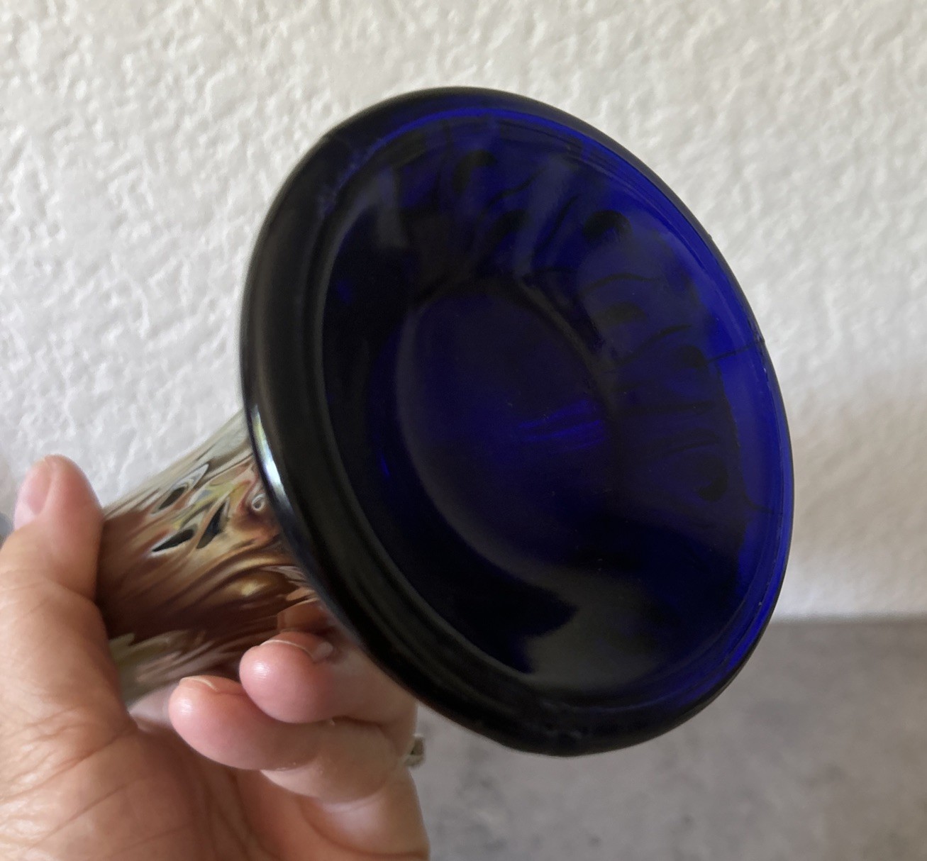 Vintage Northwood Tree Trunk Cobalt Blue Carnival Glass Swung Vase 11”