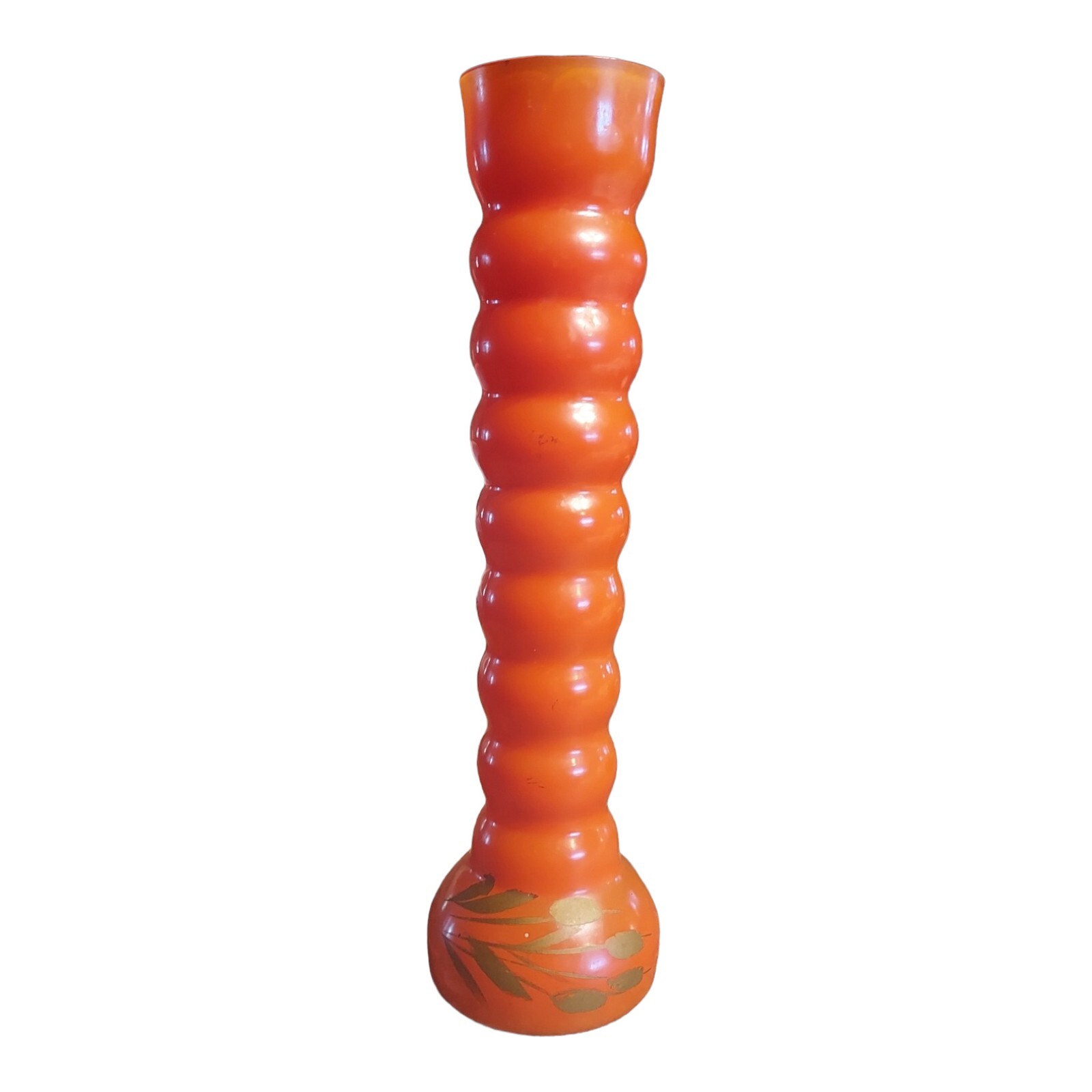 Vintage Orange 9″ Bud Vase Cylinder MCM Mod Gold Handpainted Cattails On Base