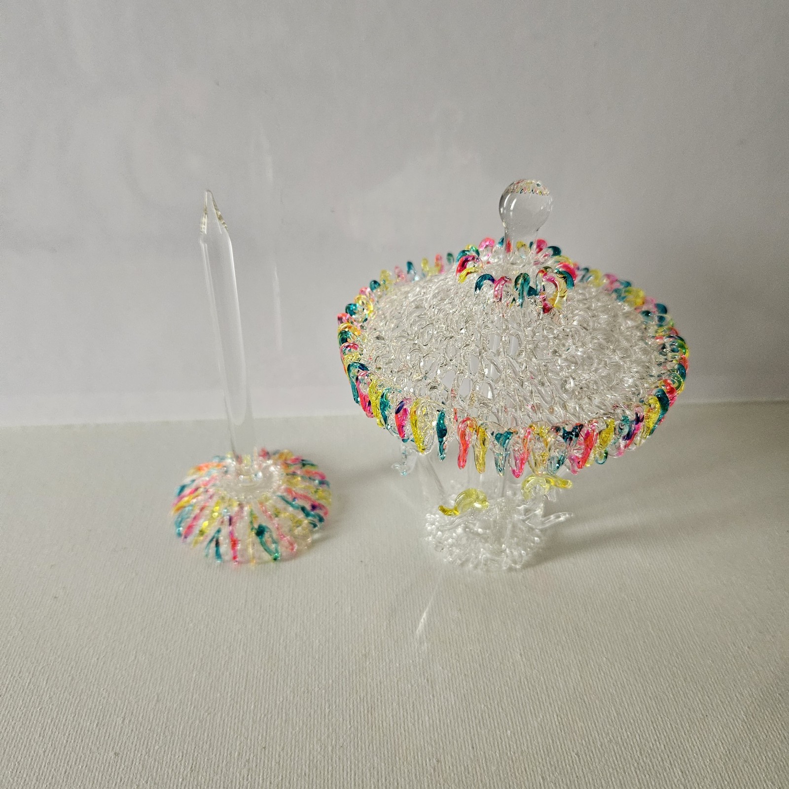 Spun Glass Carousel Figurine Vintage 3 Horses Pink Blue Yellow Spins 4.5″ Tall