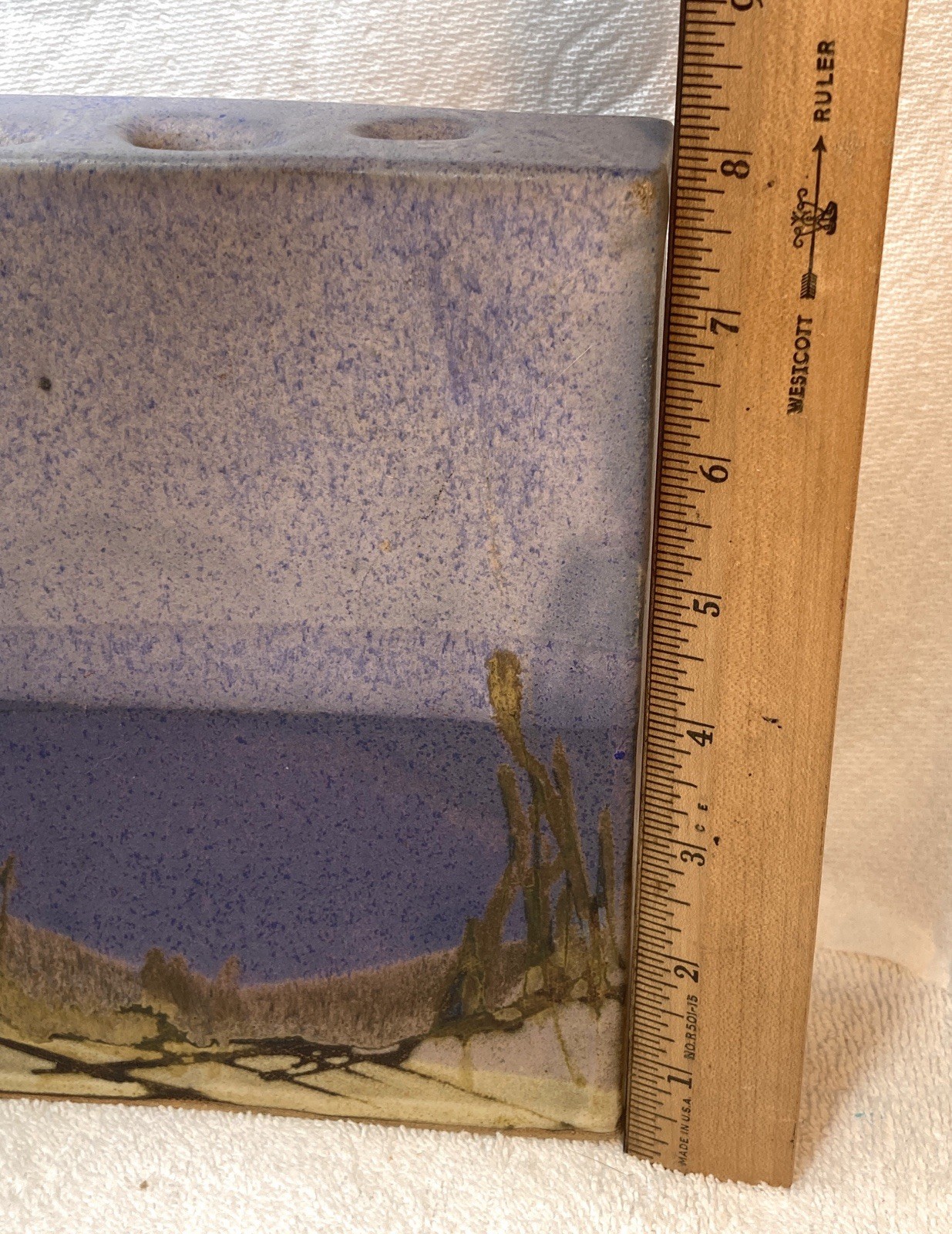 RARE! MCM Signed But Illegible 1962 Studio Ceramic Slab Vase With Seascape Motif