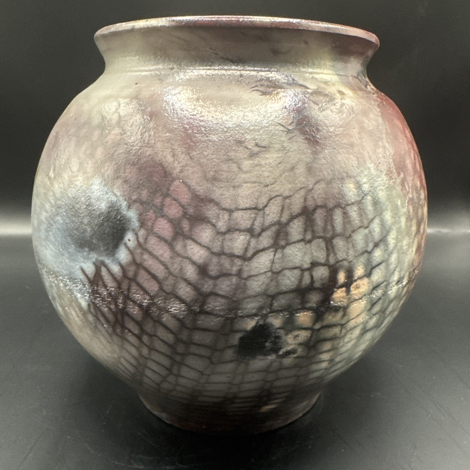 Studio Art Pottery Saggar Fired Raku Vase Signed 6.5” Tall