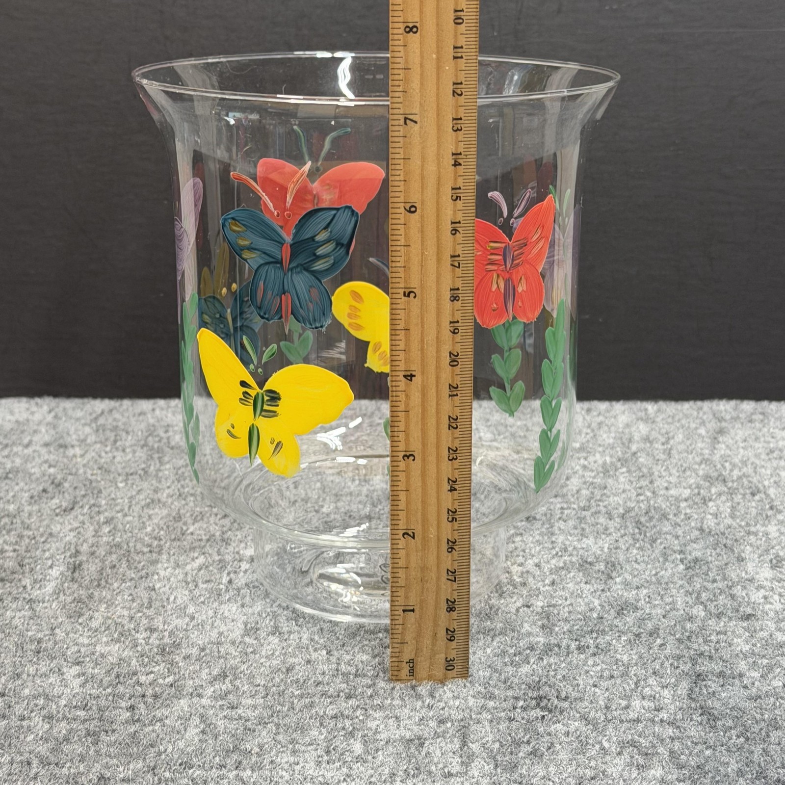 Hand Blown Glass Pillar Candle Holder 7″ Butterfly Handpainted Hurricane Style
