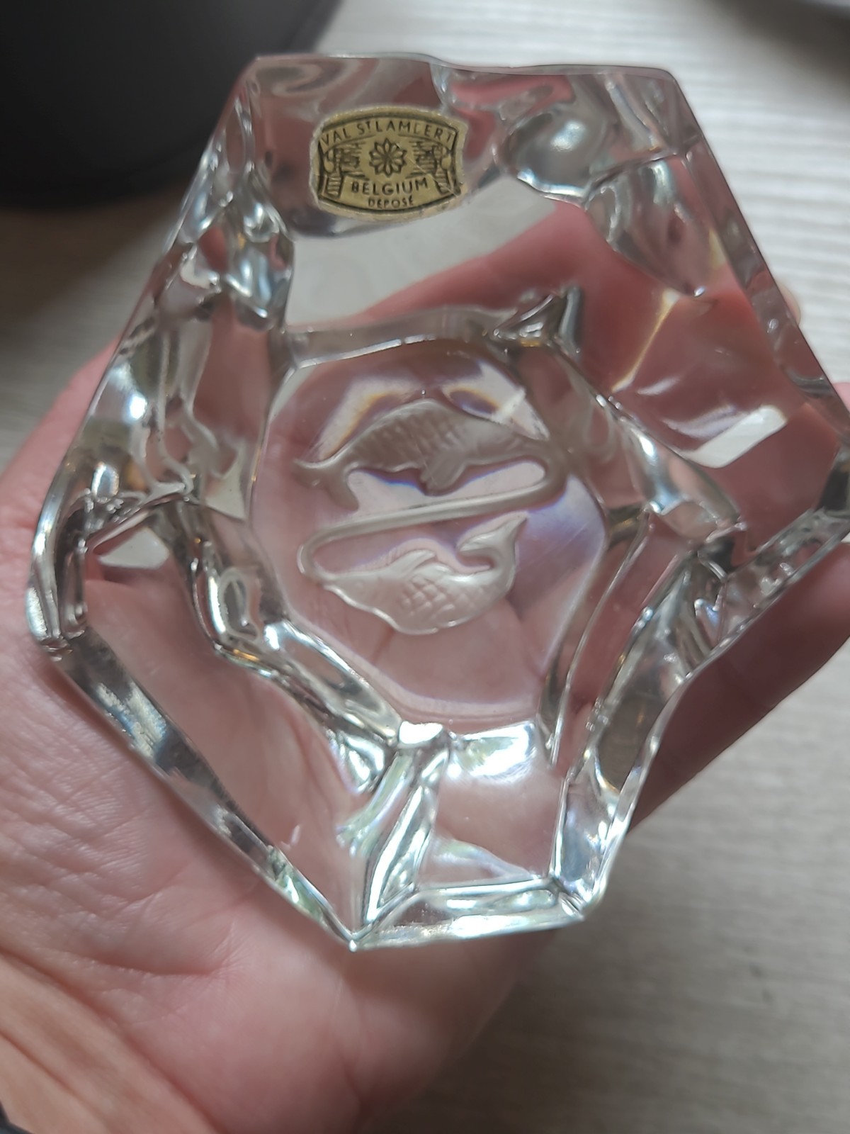 Glacier Iceberg Crystal Pisces Paperweight Belgium Signed Val St Lambert 2”x 4”