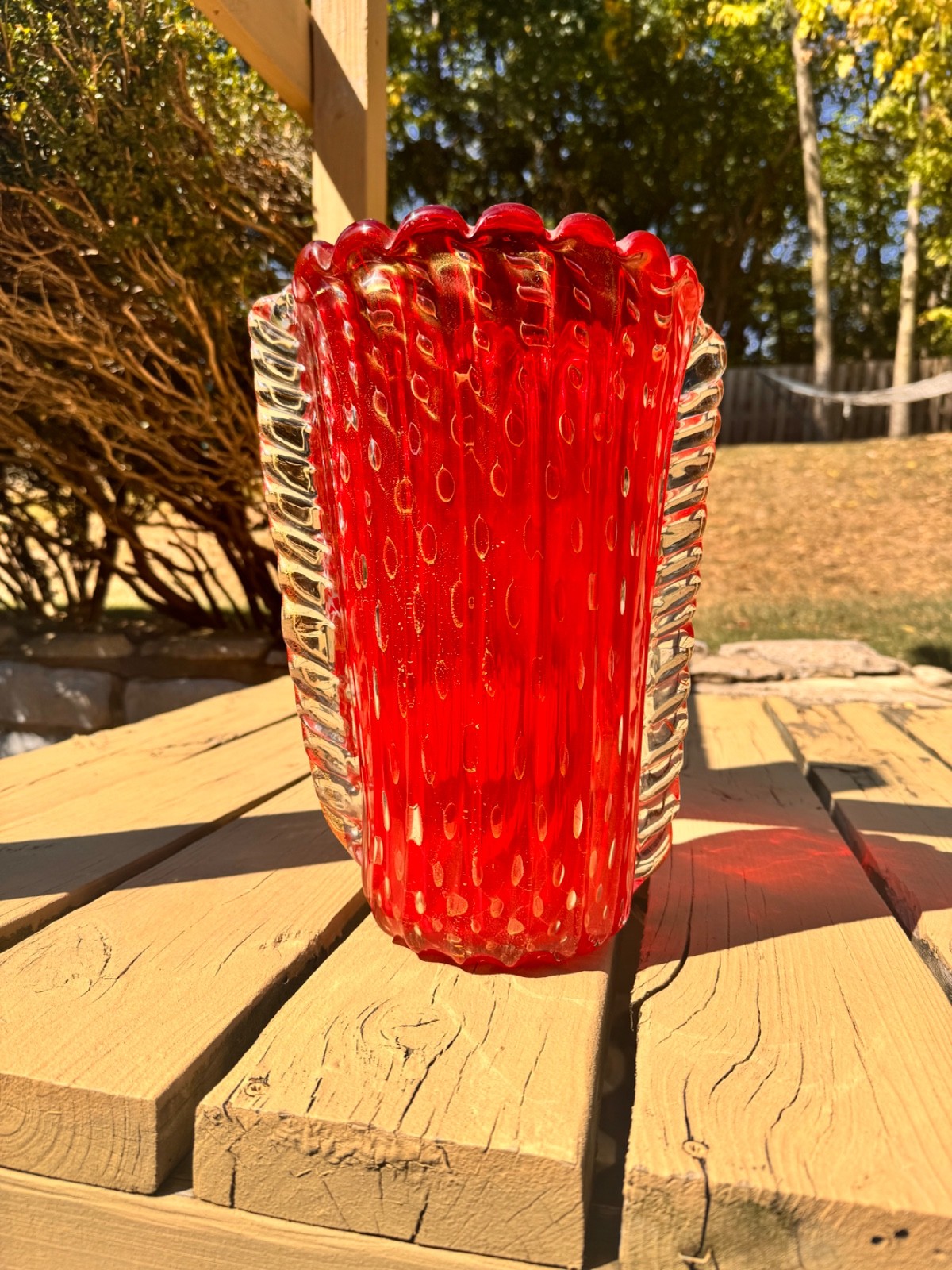 Barovier & Toso Murano Art Glass Vase Red Bullicante Gold Flecks 14″ Unsigned
