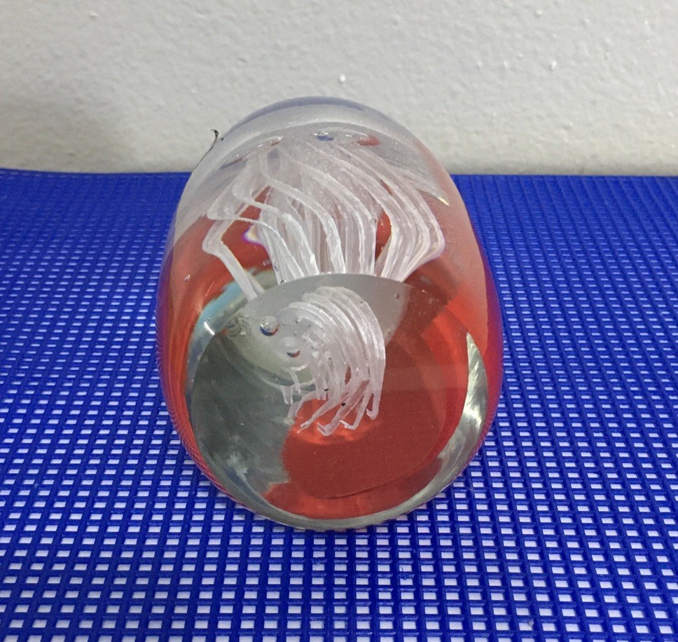 Art Glass Paperweight, Red With Clear Jellyfish Italian Murano-Style 4.5” Tall