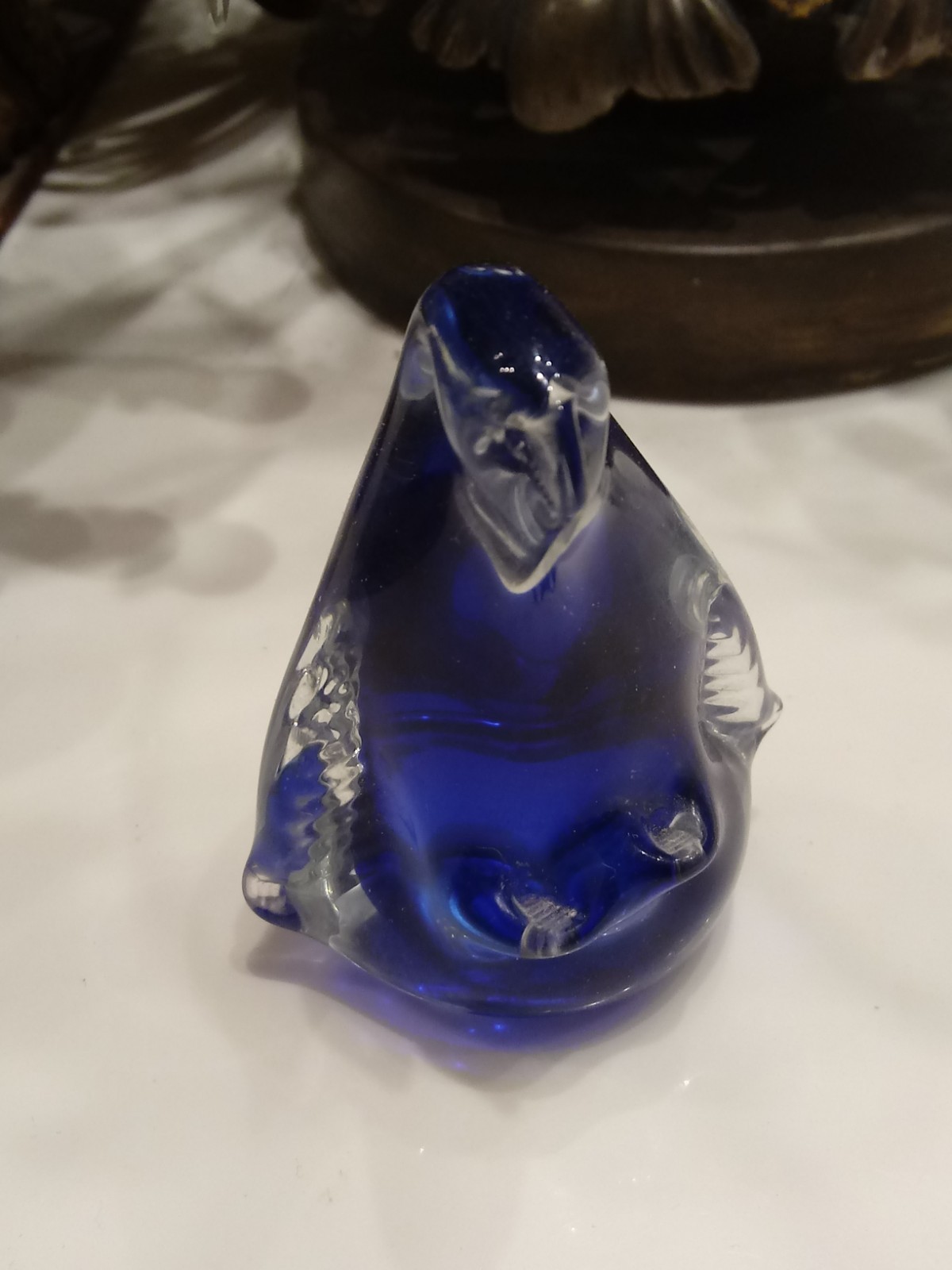 Vintage Murano Italy Bi Color Clear Cobalt Glass Penguin Figure 3 Inches Tall