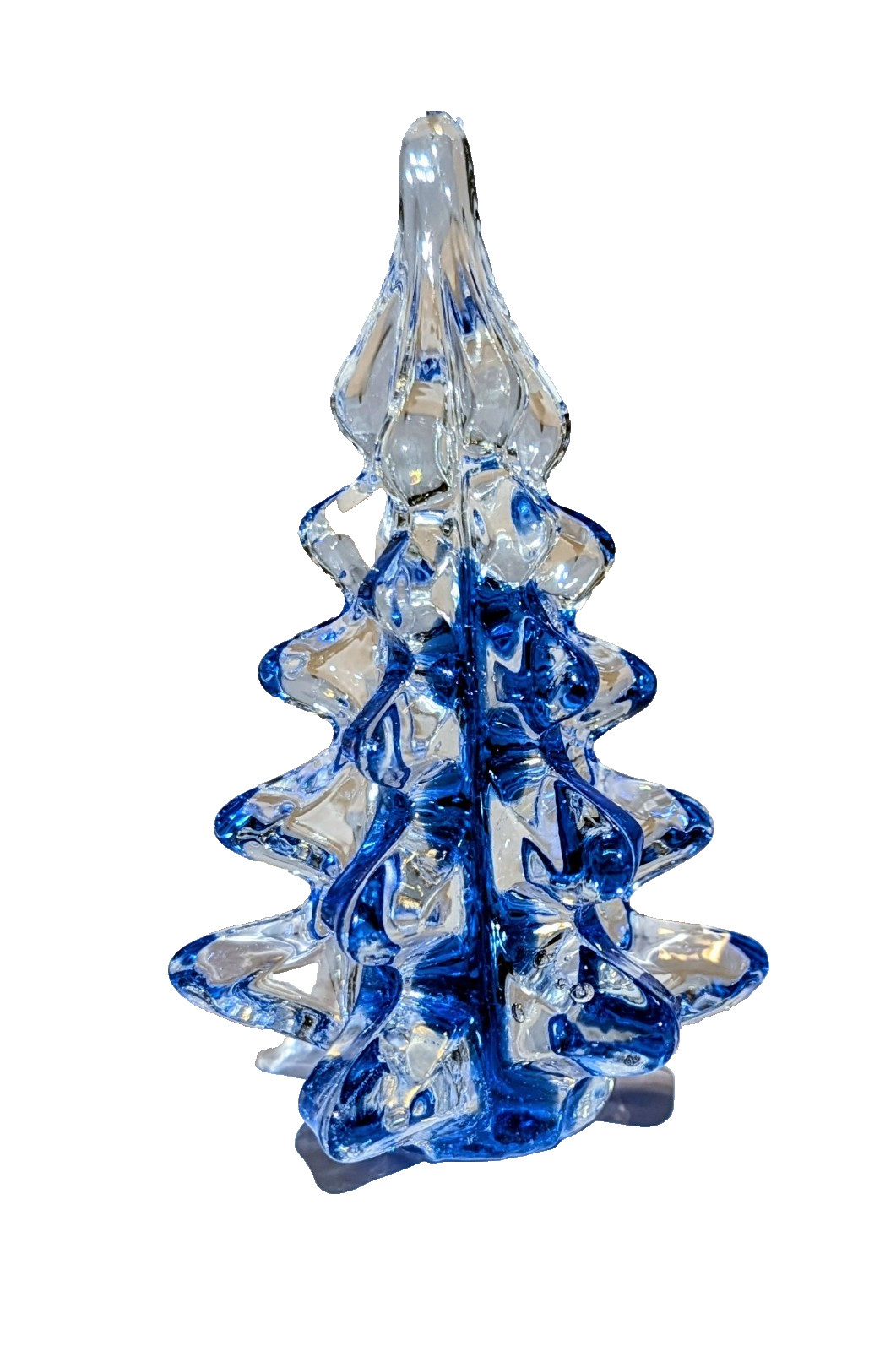 Vtg MidWest Cobalt Blue Art Glass Xmas Pine Tree Crystal Ribbon Sculpture x2 A+
