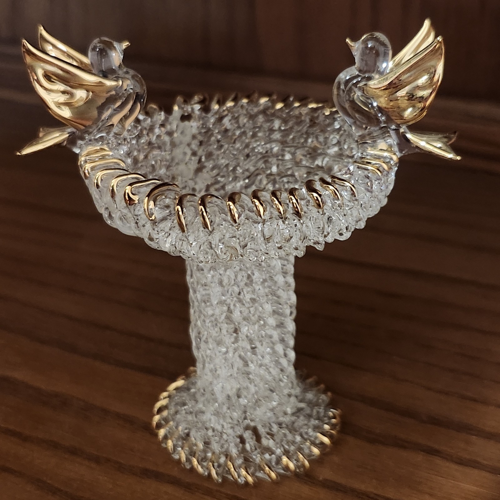 Vintage Hand Blown Spun Glass Bird Bath 2 Birds Figurine Clear and Gold Accents
