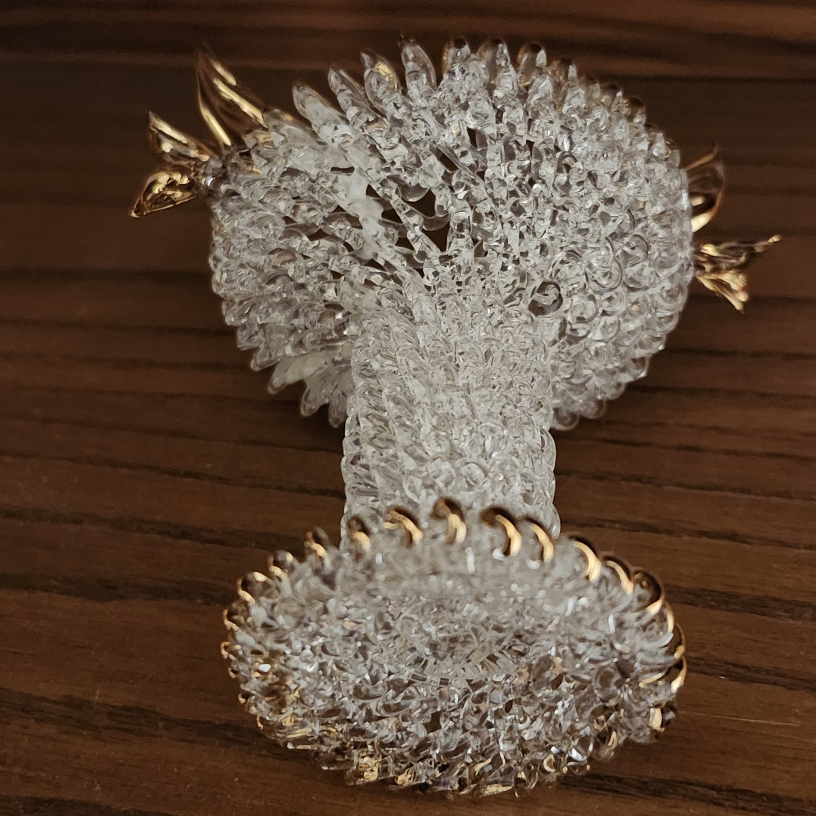 Vintage Hand Blown Spun Glass Bird Bath 2 Birds Figurine Clear and Gold Accents