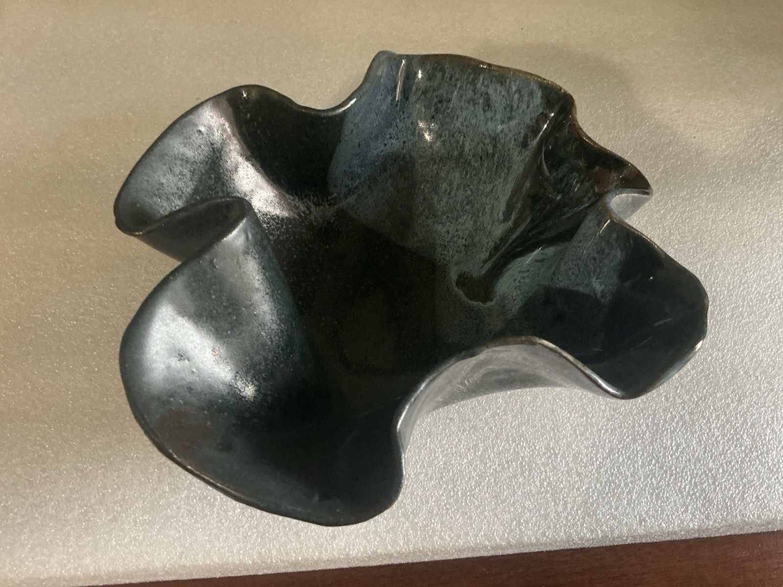 Art Pottery 8” Wave Shape Dark Green Blue Vase/ Bowl Signed By Artist Marie #19