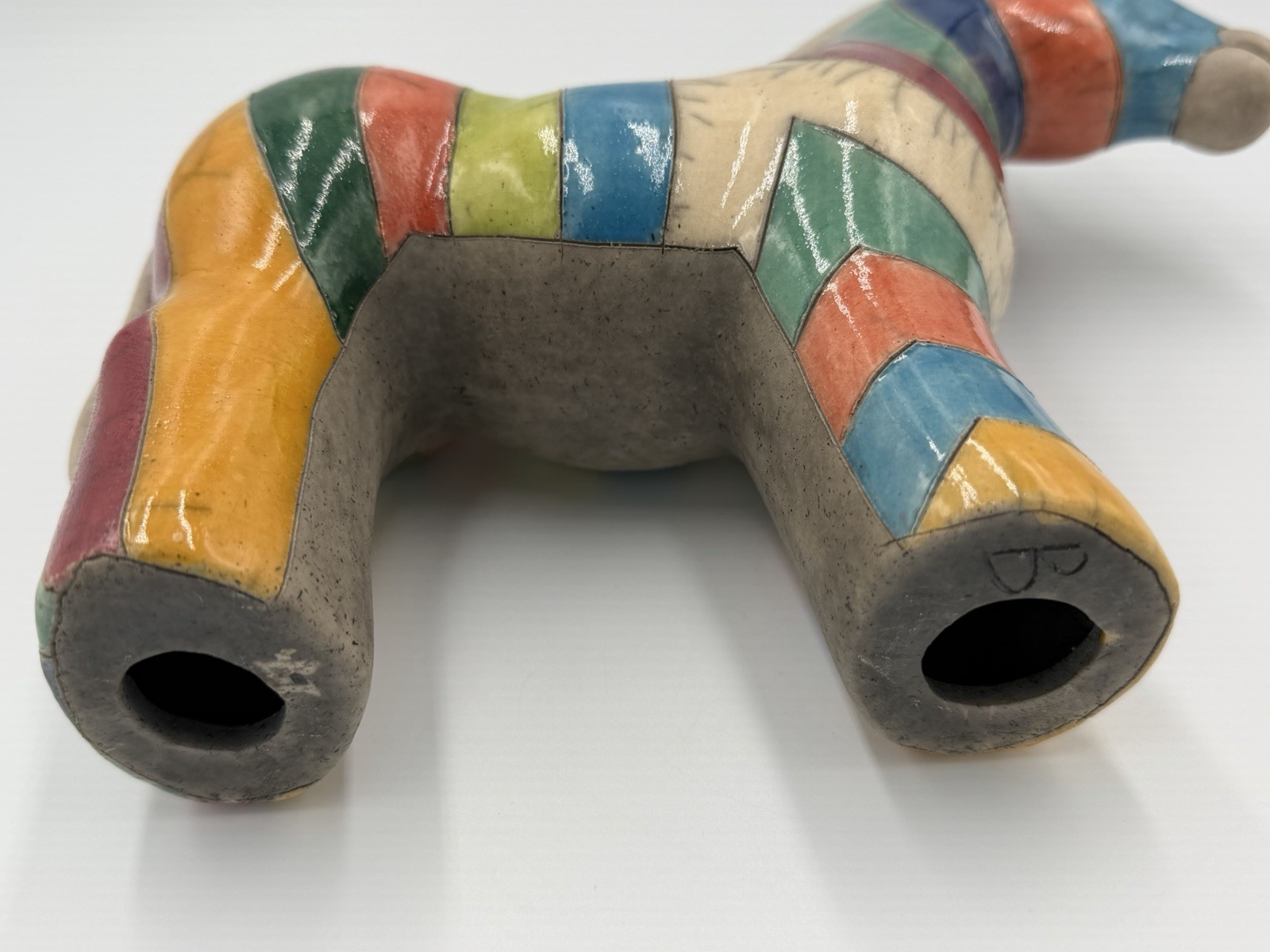 Studio Art Pottery Raku Horse Figurine Colorful Patchwork Ceramic Signed 8”