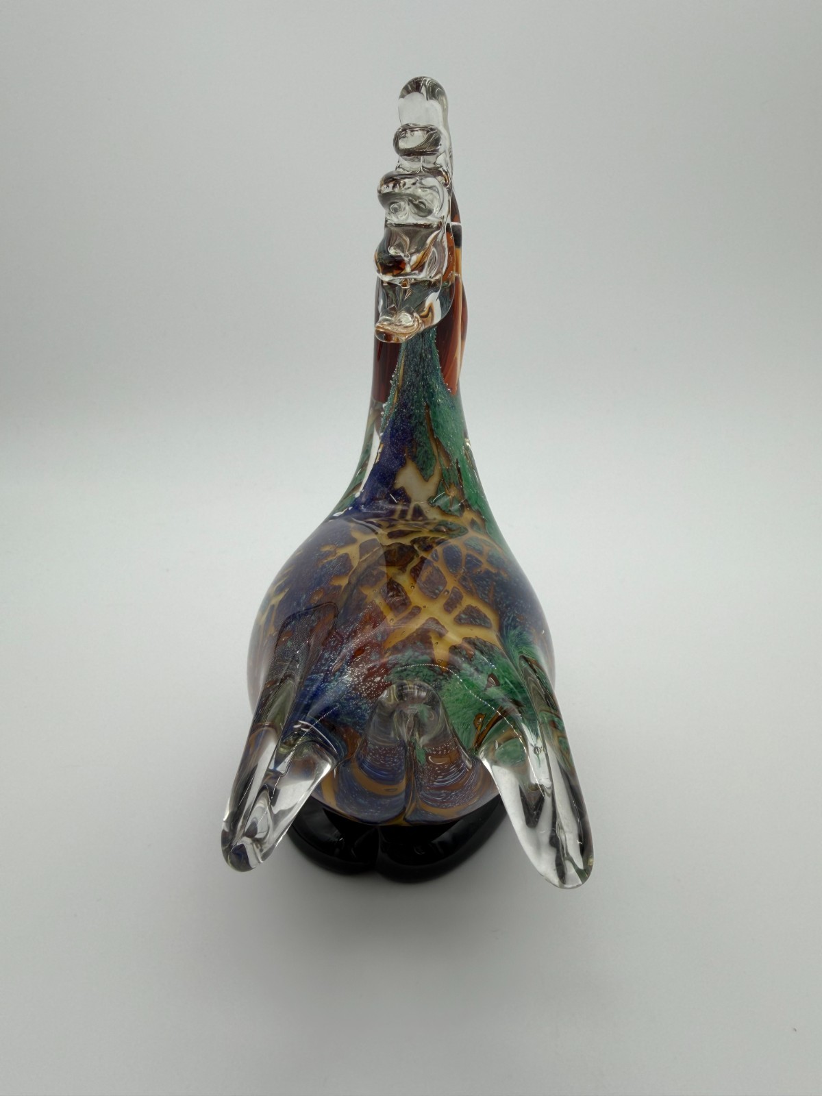 Hand Blown Art Glass Pelican Figurine Amber Beak Black Base Murano Style Bird