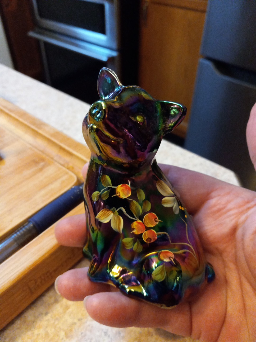 FENTON PIG PURPLE Plum AMETHYST CARNIVAL GLASS Painted SIGNED J Powell Paper TAG