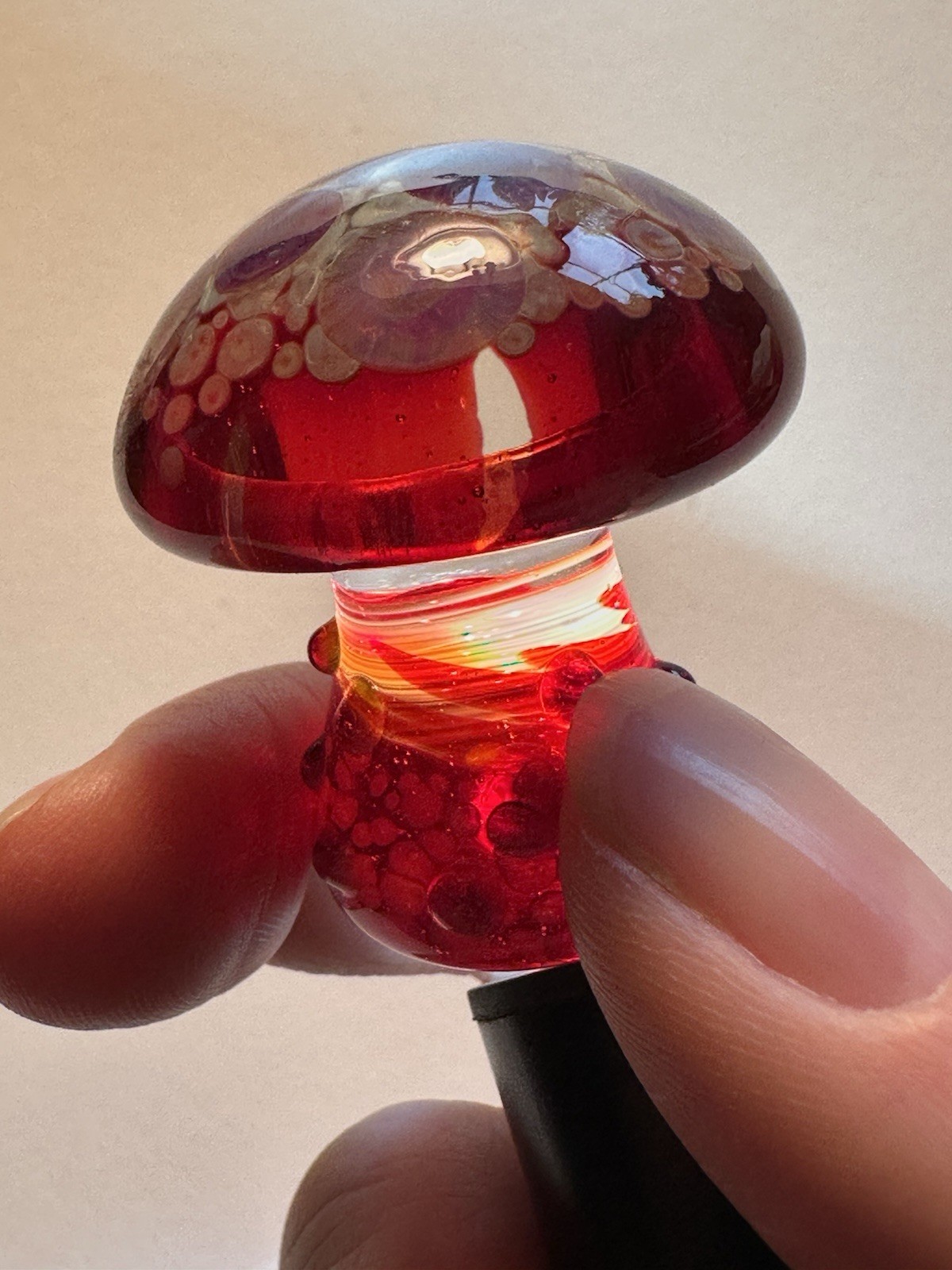 Hand Blown Art Glass Mushroom Figurine Red Purple Abstract Nature Decorative