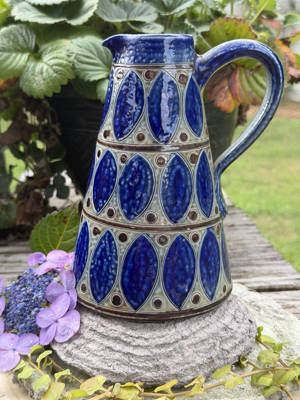 Vintage Balzar-Kopp Höhr German Pottery Pitcher Vase Cobalt Blue 7”