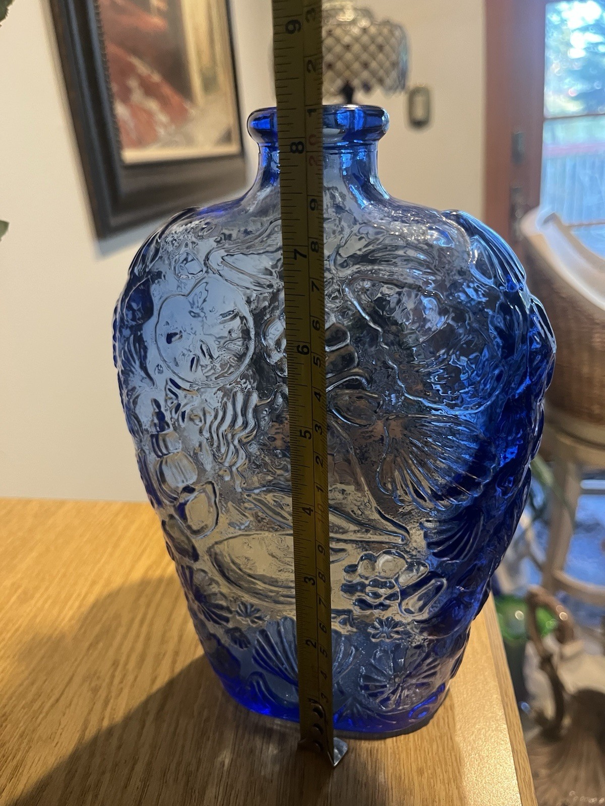 Libbey Cobalt Blue Glass Bottle Embossed Sea Shells Ocean Canada Vintage 8.5″T