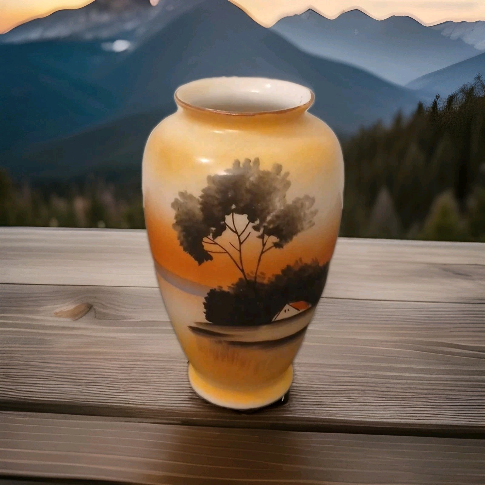 Vintage Gold Castle Small Handpainted Vase Made In Japan House Tree Lake