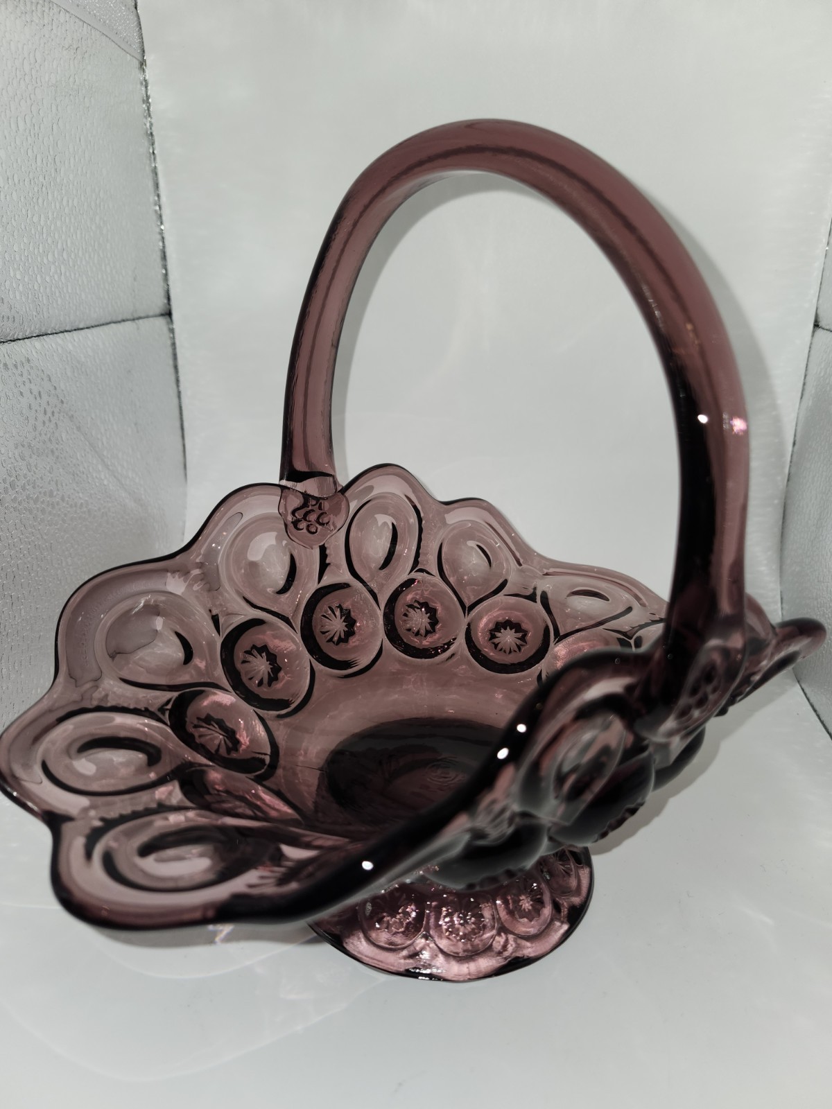 L E Smith Moon and Stars Amethyst Glass Basket Candy Dish
