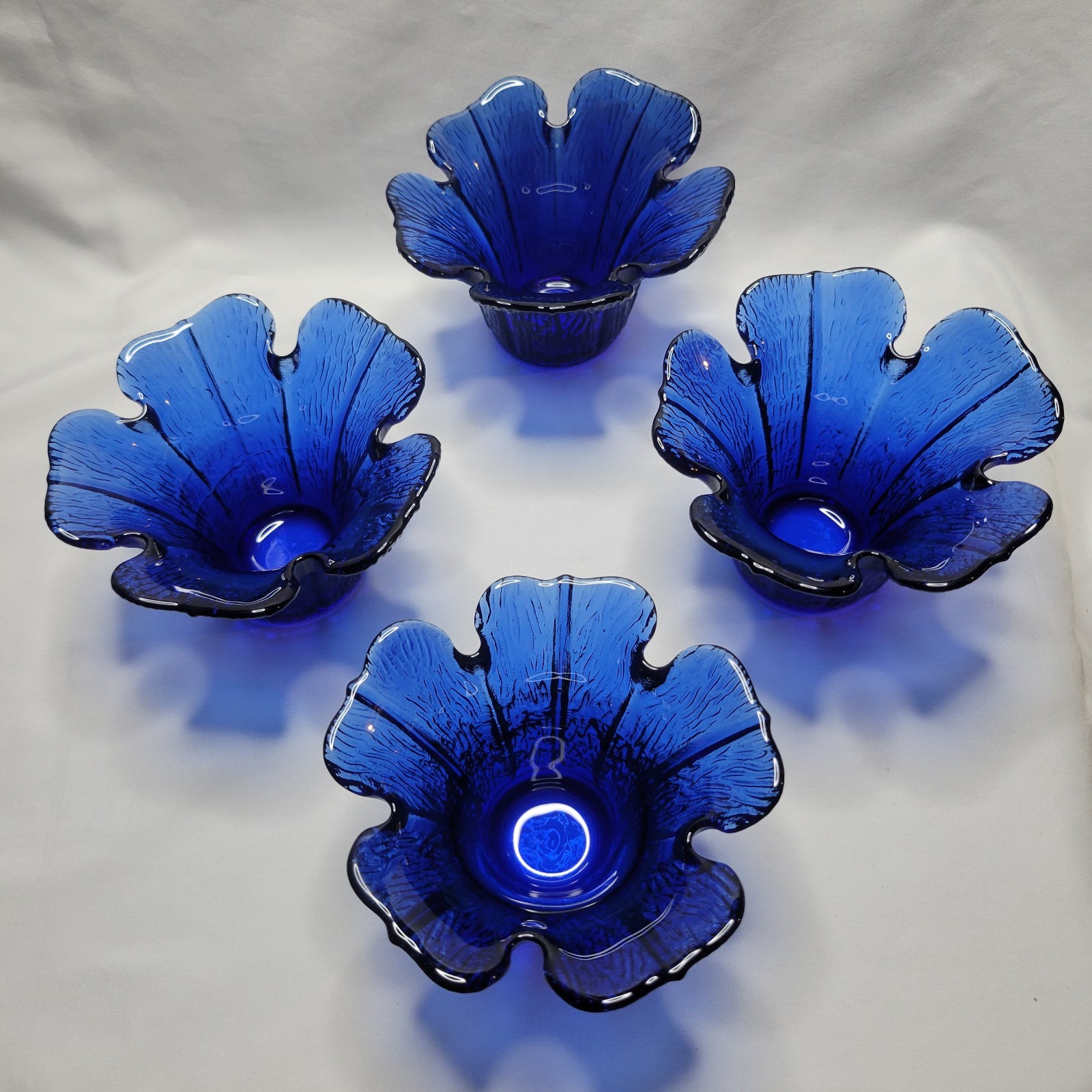 Cobalt Blue Blown Glass Flower Tulip Votive Candle Holder/Trinket Dish lot of 4