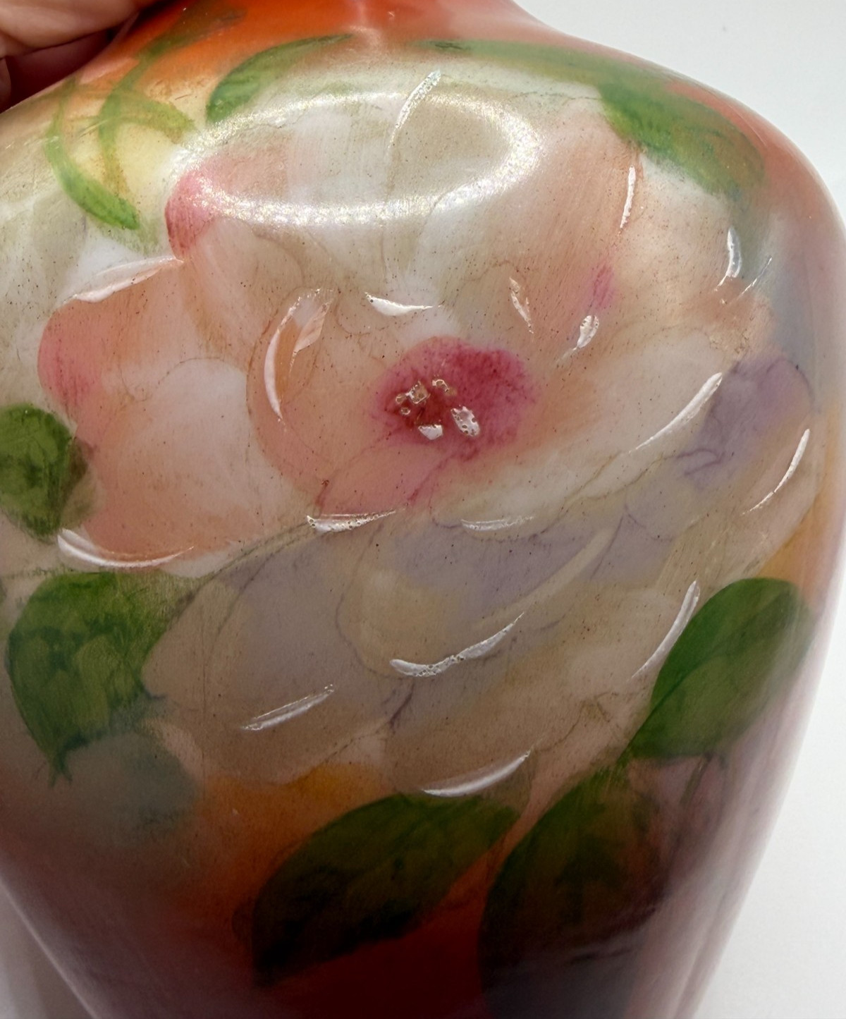 Vintage Milk Glass Vase Fostoria Red Hand Painted Floral Rose C 1890-1920 7″