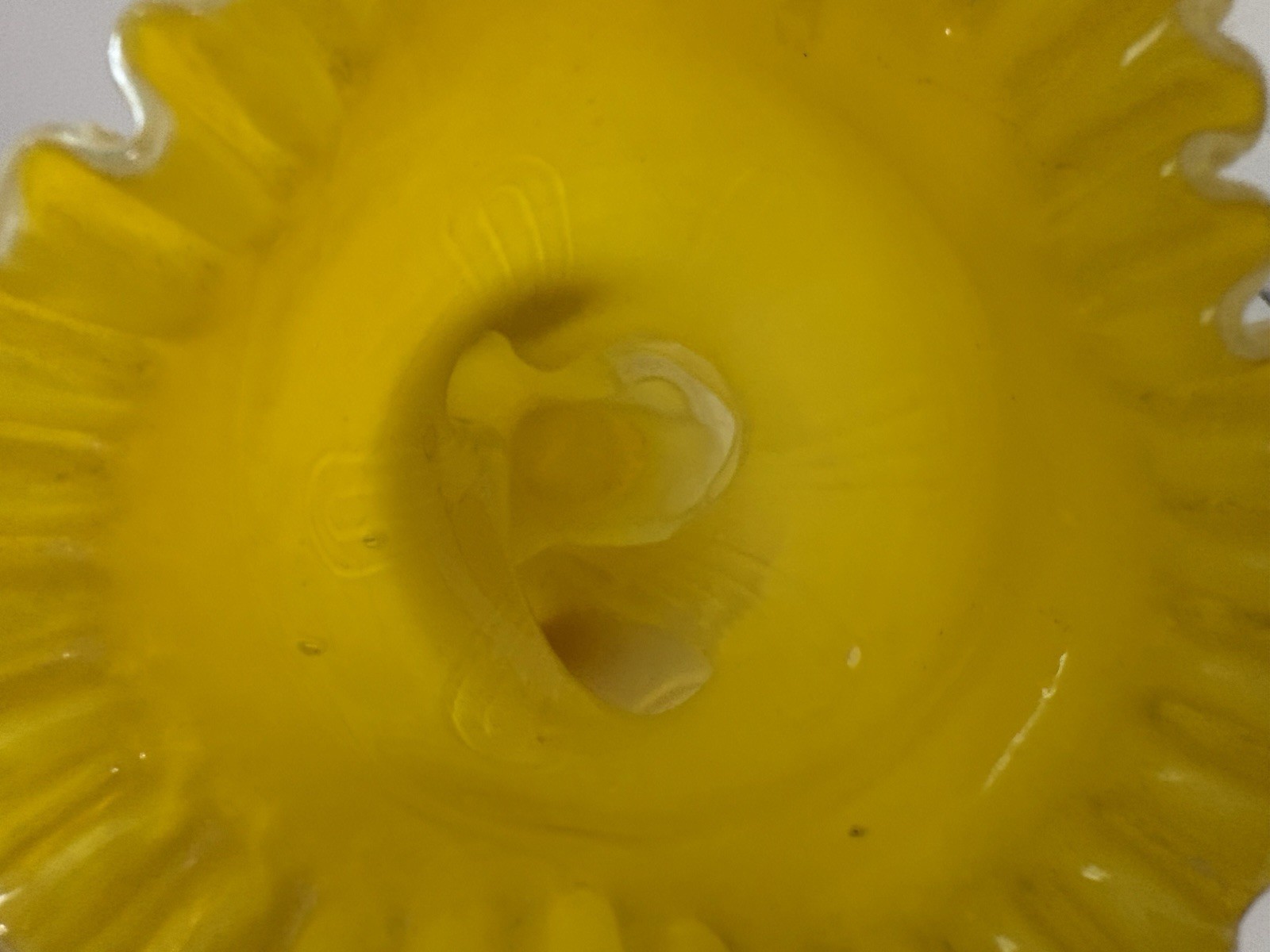 Antique Victorian Mold Blown Yellow Cased Glass Hand Pulpit Vase Ruffled Trim