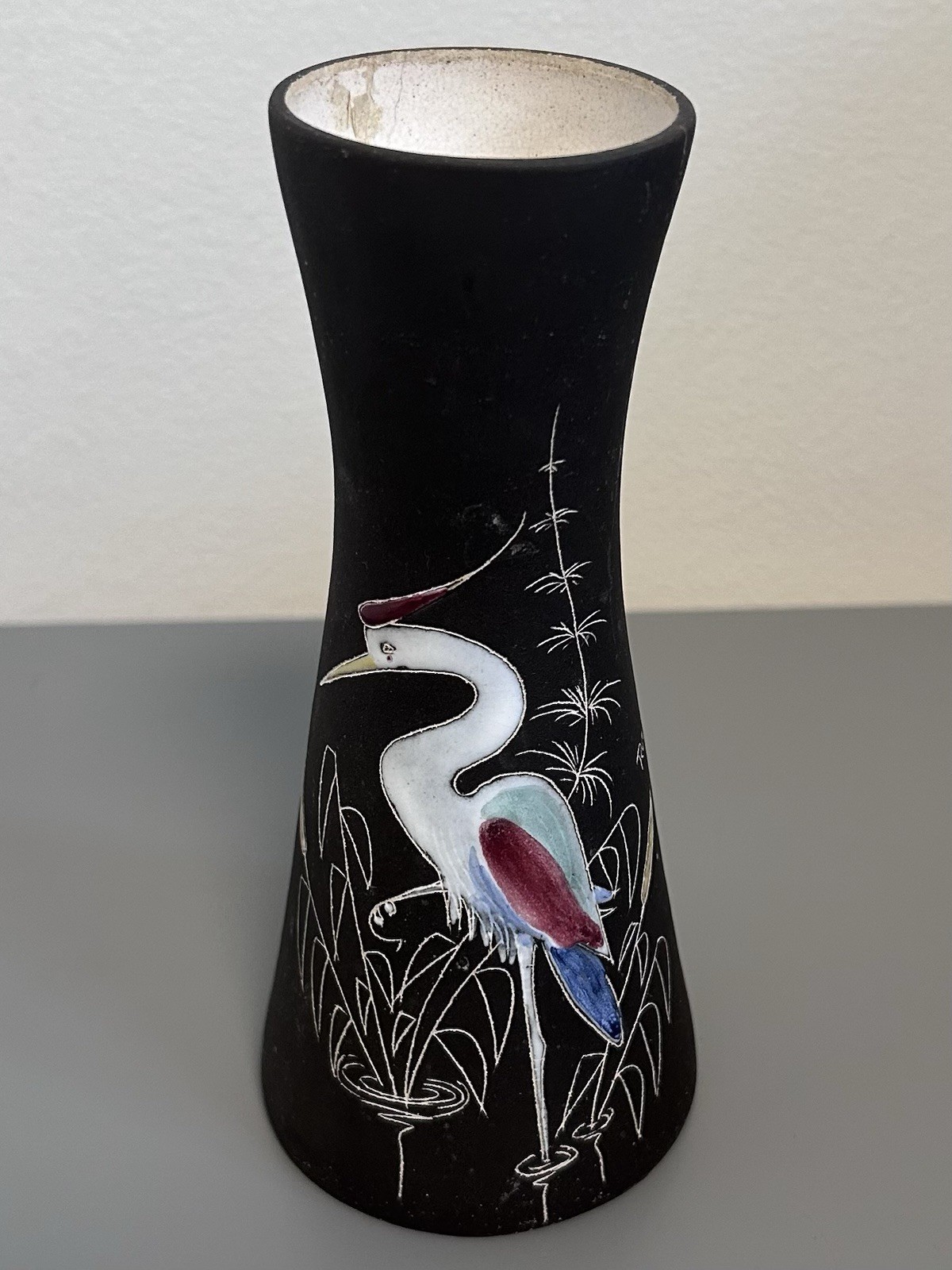 Vintage German Art Pottery Vase Black Hand Painted Heron Crane Signed Ratzeburg