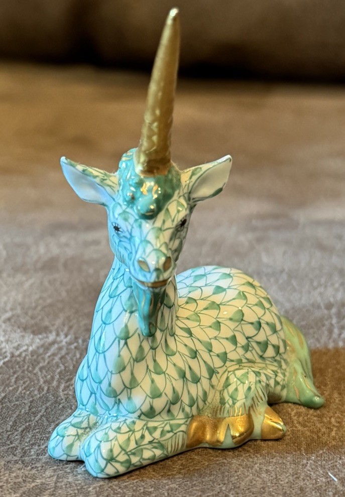 Herend Hungary Porcelain Fishnet Unicorn Figurine ~ Green & Gold