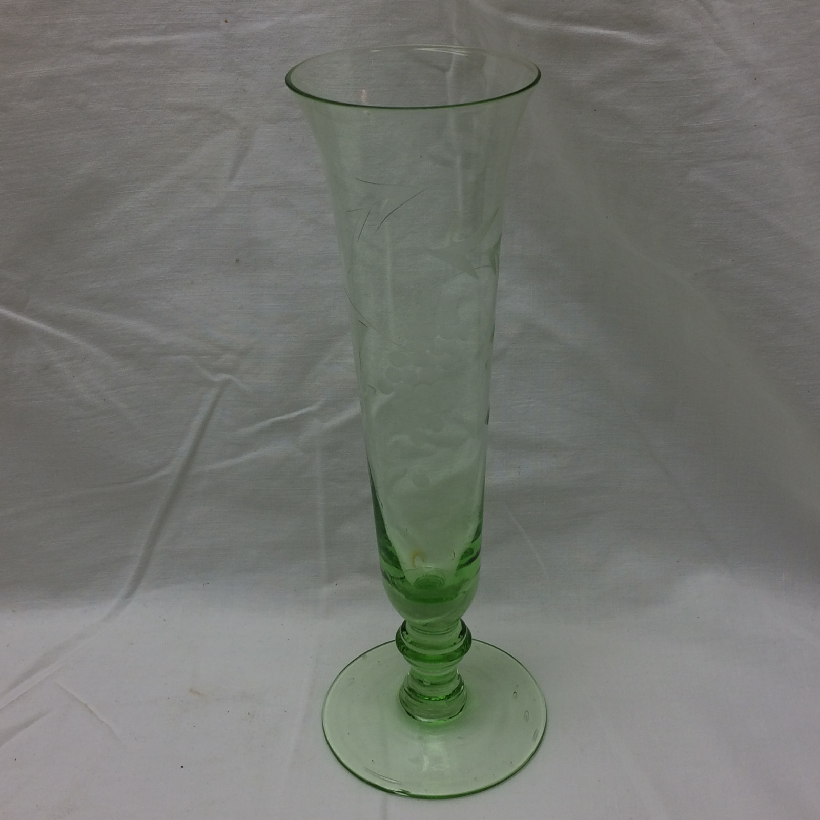 Green Glass Vase Etched Grapes & Arrow Pattern