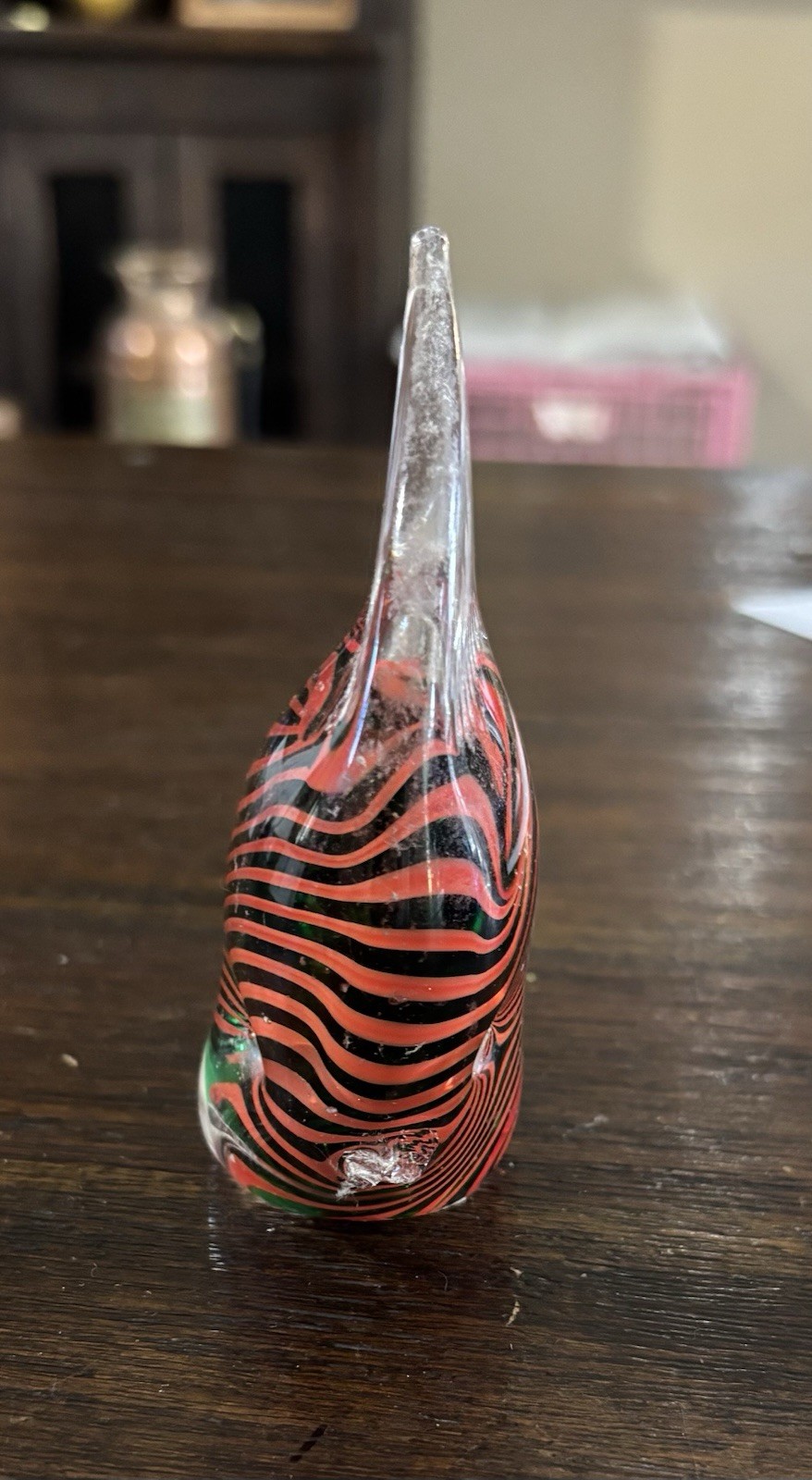 Art Glass Angel Fish Green and Orange Stripe Ribbon Design Paperweight
